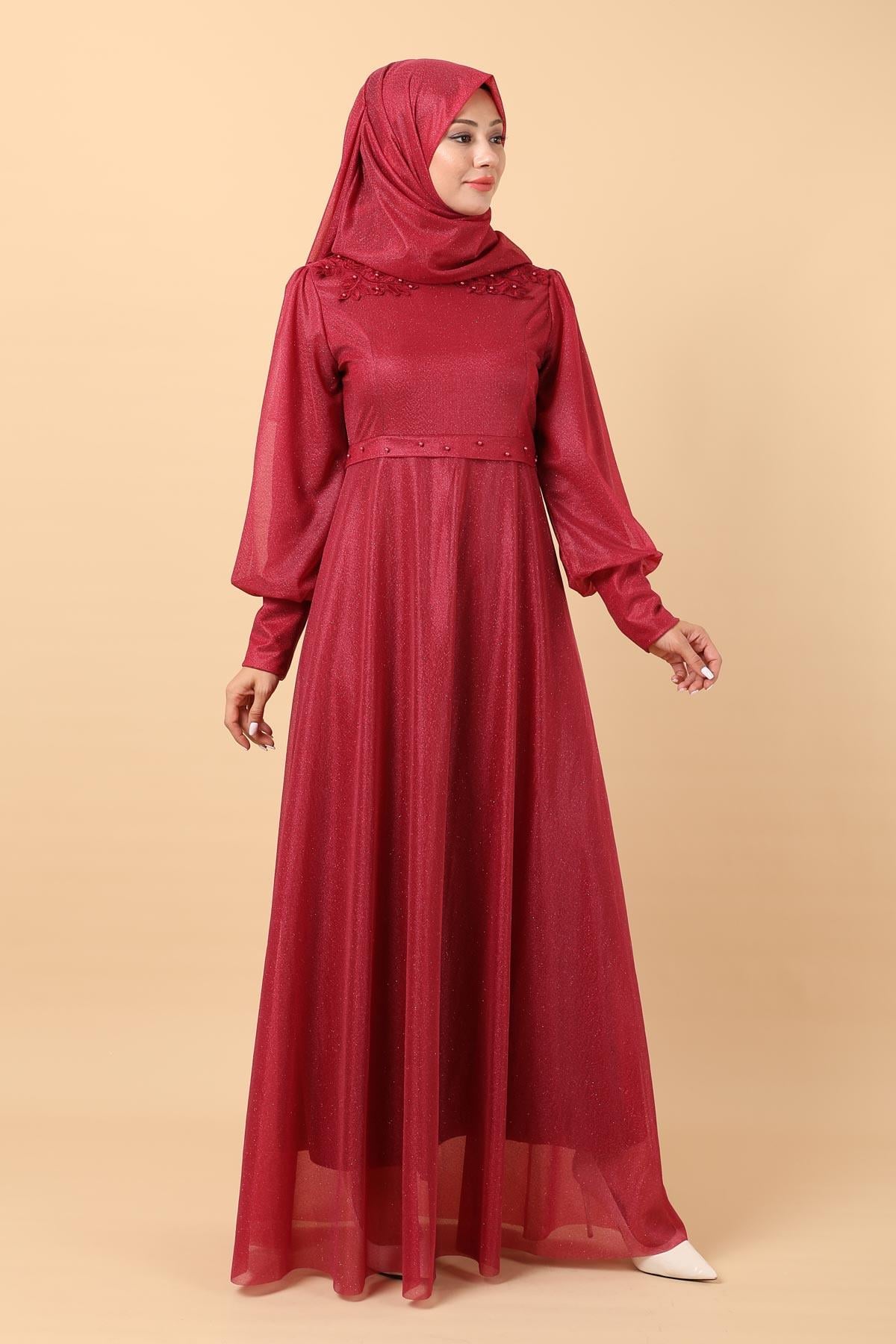 Simli Dantel Detaylı Abiye Bordo 12248