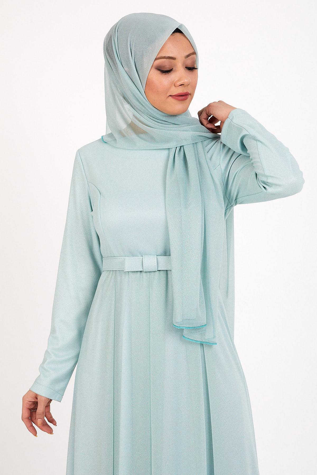 Simli Pileli Abiye Mint 12240