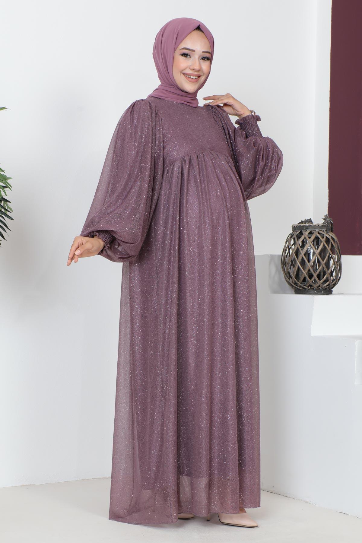 Simli Şifon Hamile Abiye Lila 18201