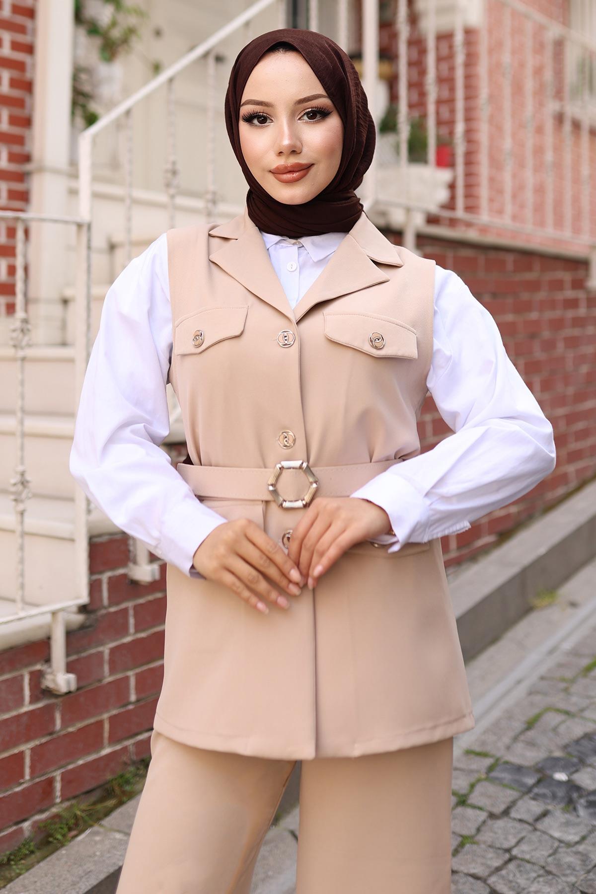 Süs Cep Detaylı Yelekli Takım Bej Bej MSW19249-5