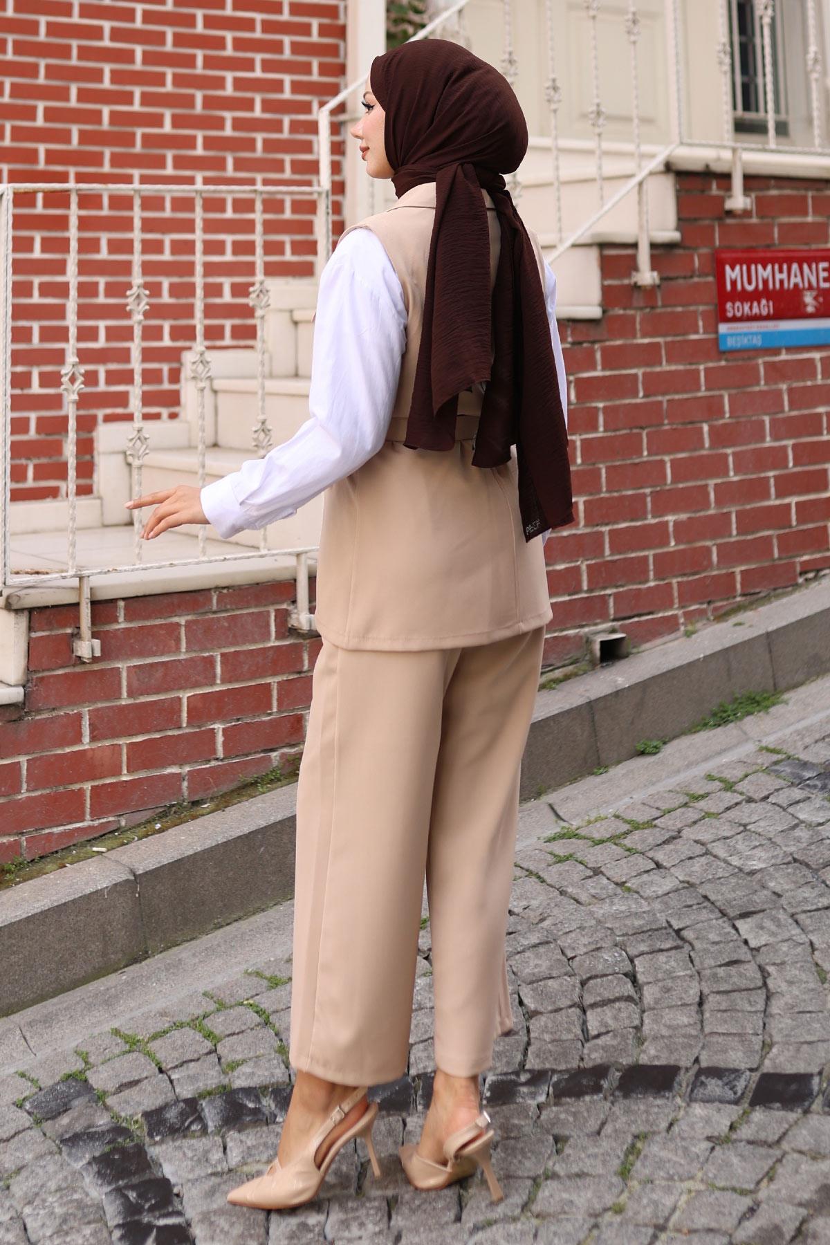 Süs Cep Detaylı Yelekli Takım Bej Bej MSW19249-5