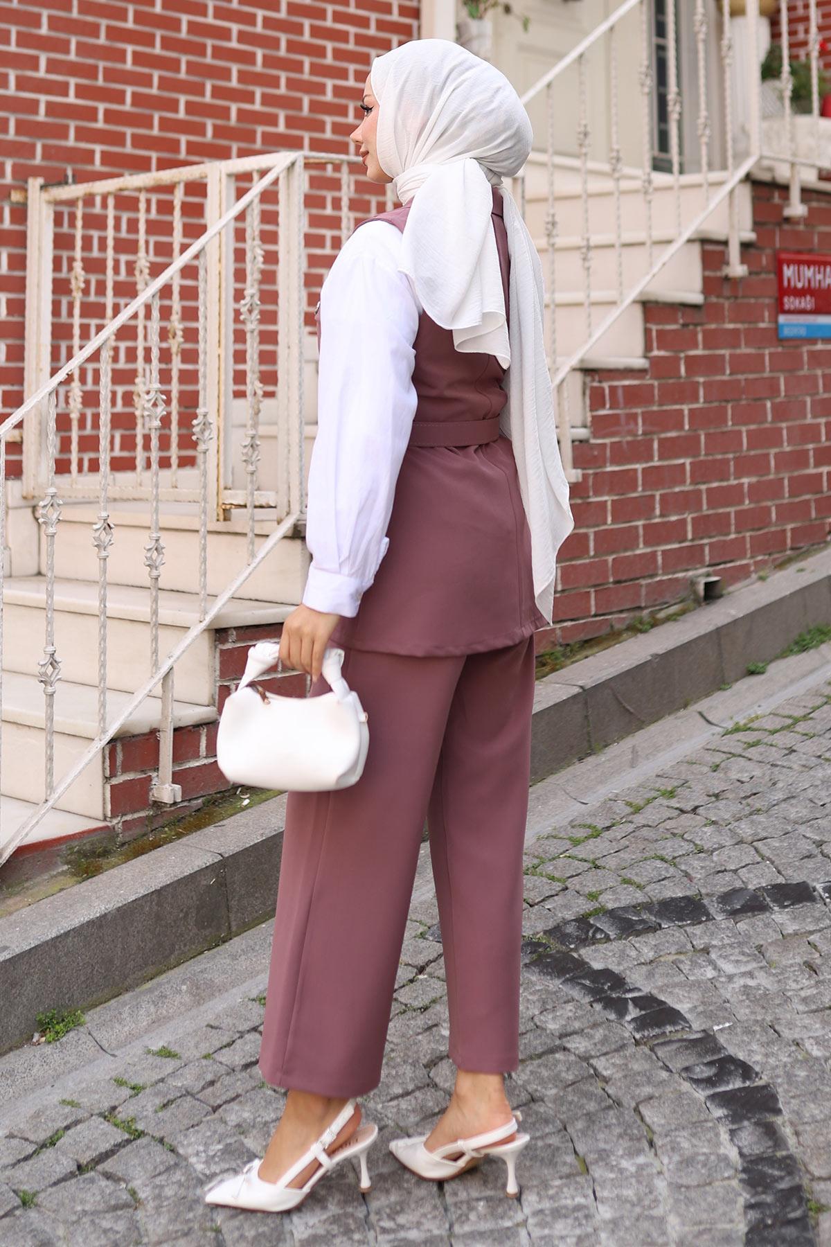 Süs Cep Detaylı Yelekli Takım Gül Kurusu Gül Kurusu MSW19249-3