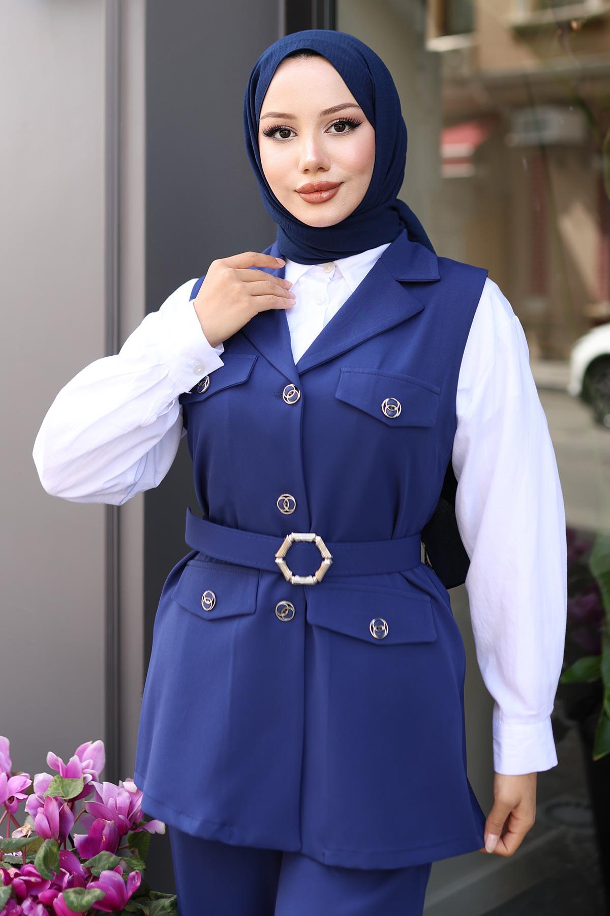 Süs Cep Detaylı Yelekli Takım İndigo İndigo MSW19249-2