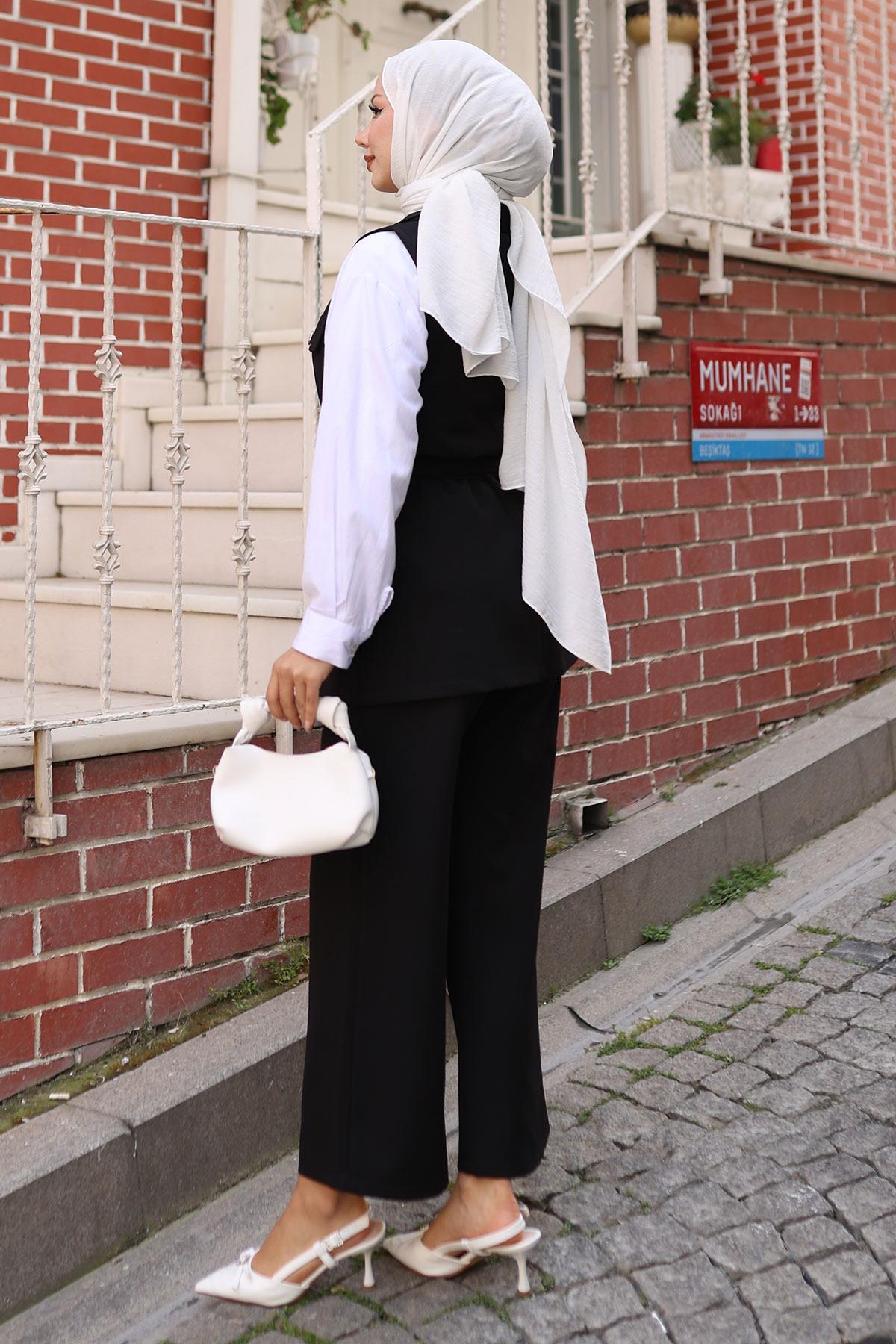 Süs Cep Detaylı Yelekli Takım Siyah Siyah MSW19249-1