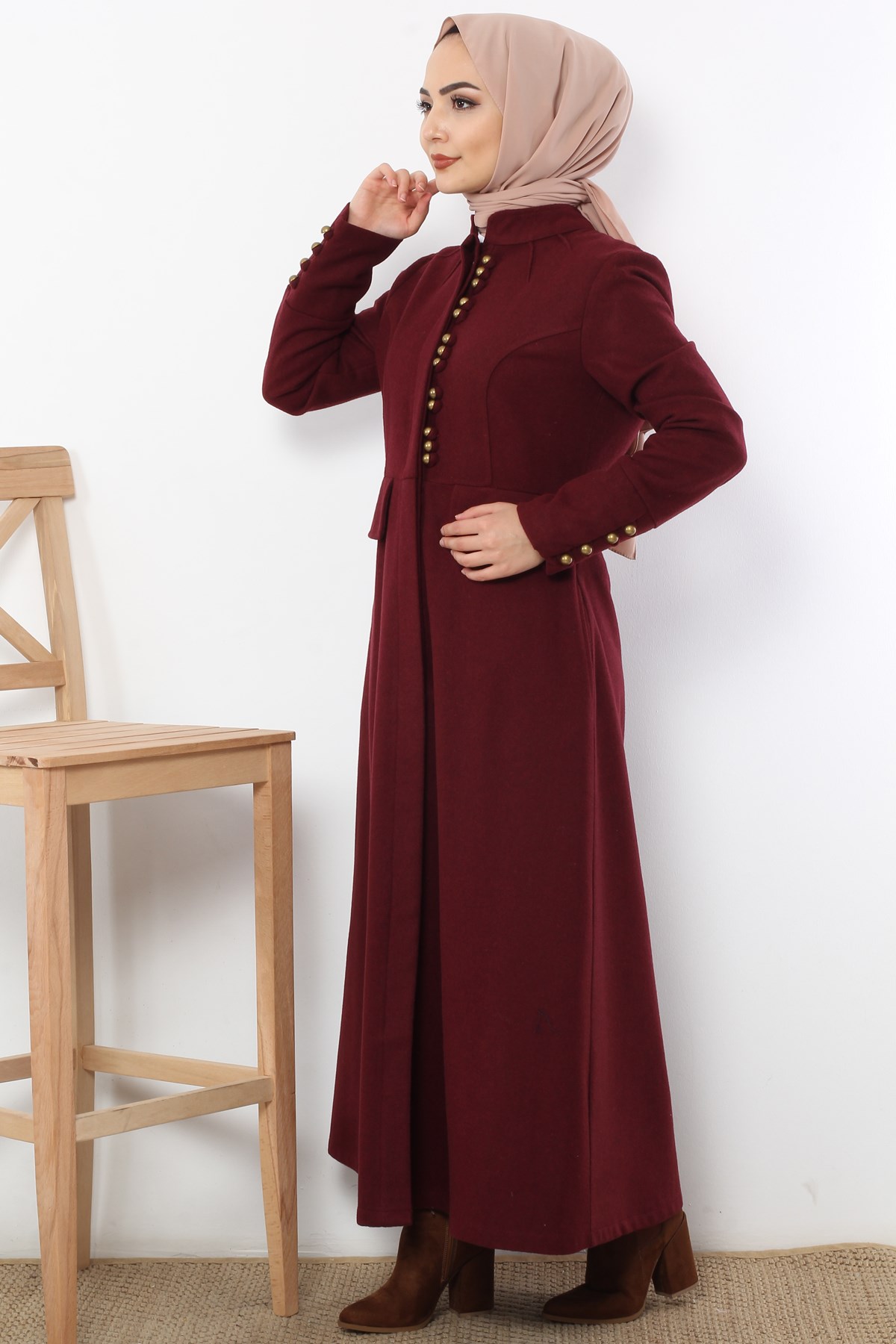 Süs Düğmeli Tesettür Kaşe Kaban Bordo Bordo 9614-4