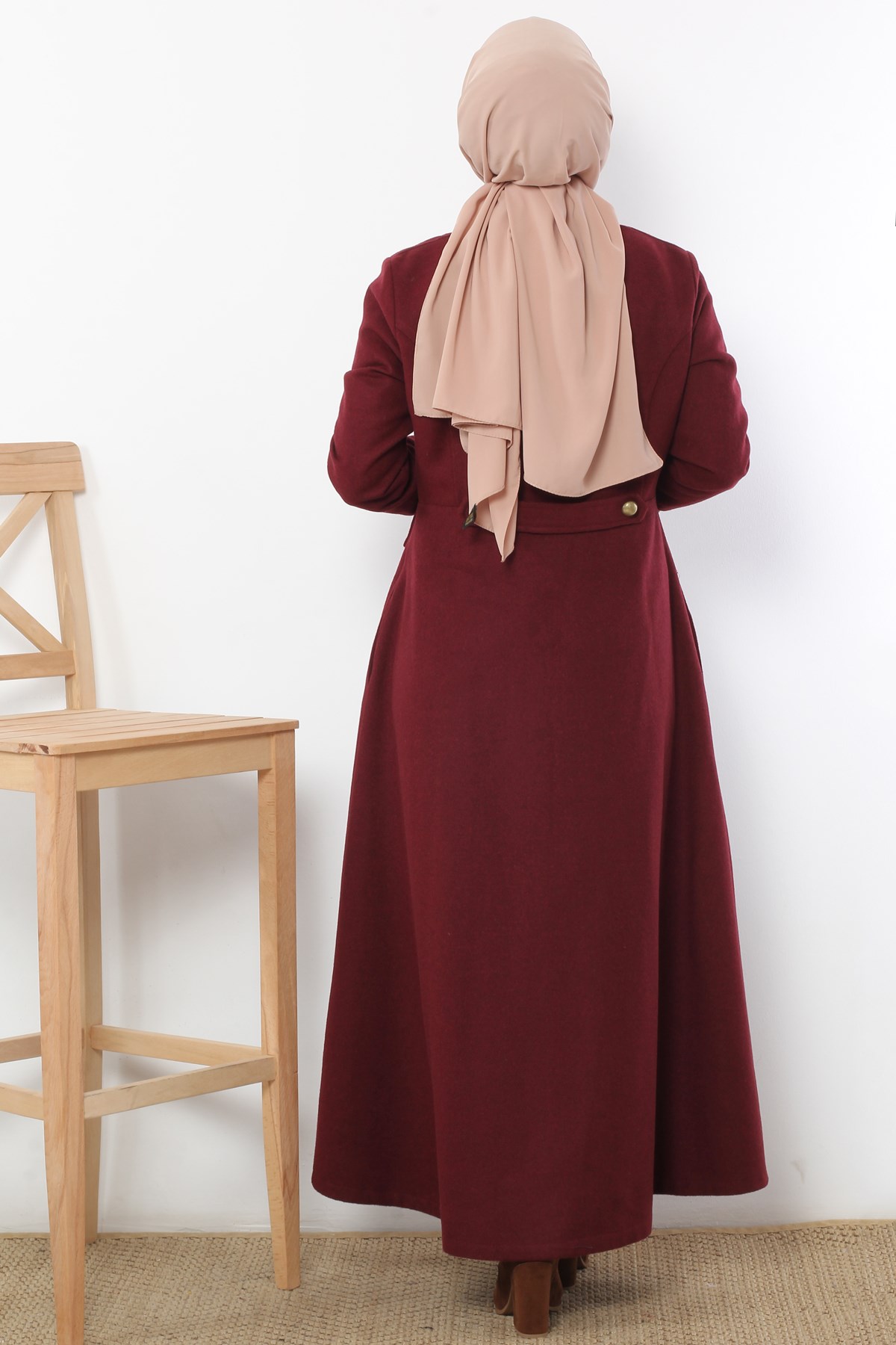 Süs Düğmeli Tesettür Kaşe Kaban Bordo Bordo 9614-4