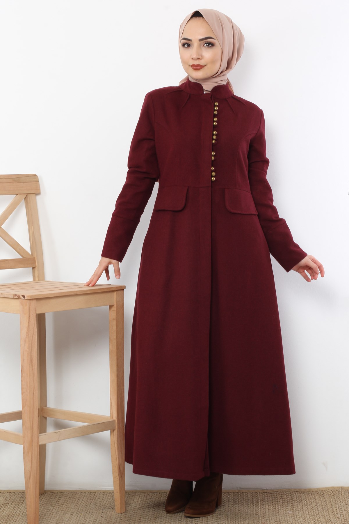 Süs Düğmeli Tesettür Kaşe Kaban Bordo Bordo 9614-4