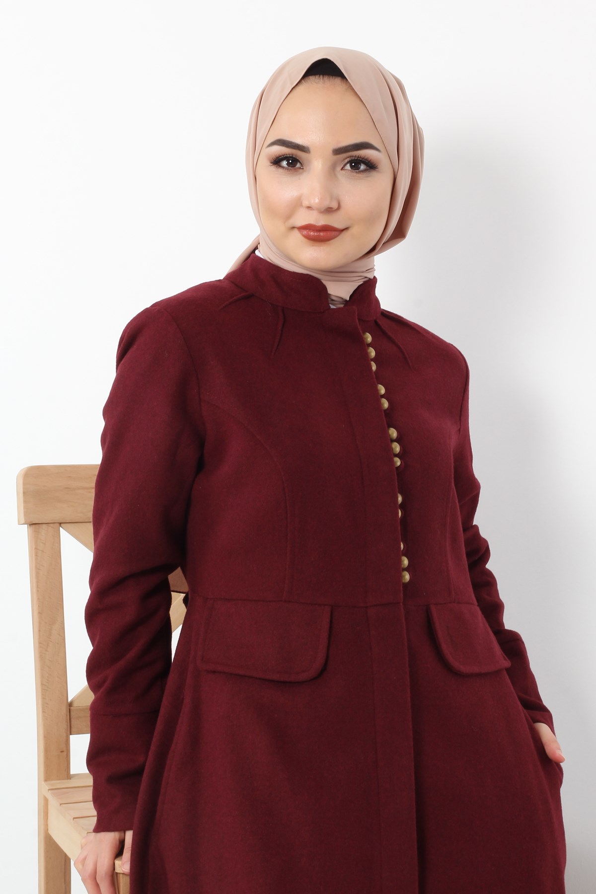 Süs Düğmeli Tesettür Kaşe Kaban Bordo Bordo 9614-4