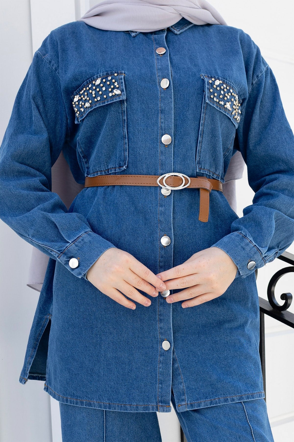 Taş Cepli Denim İkili Takım Açık Mavi 6165