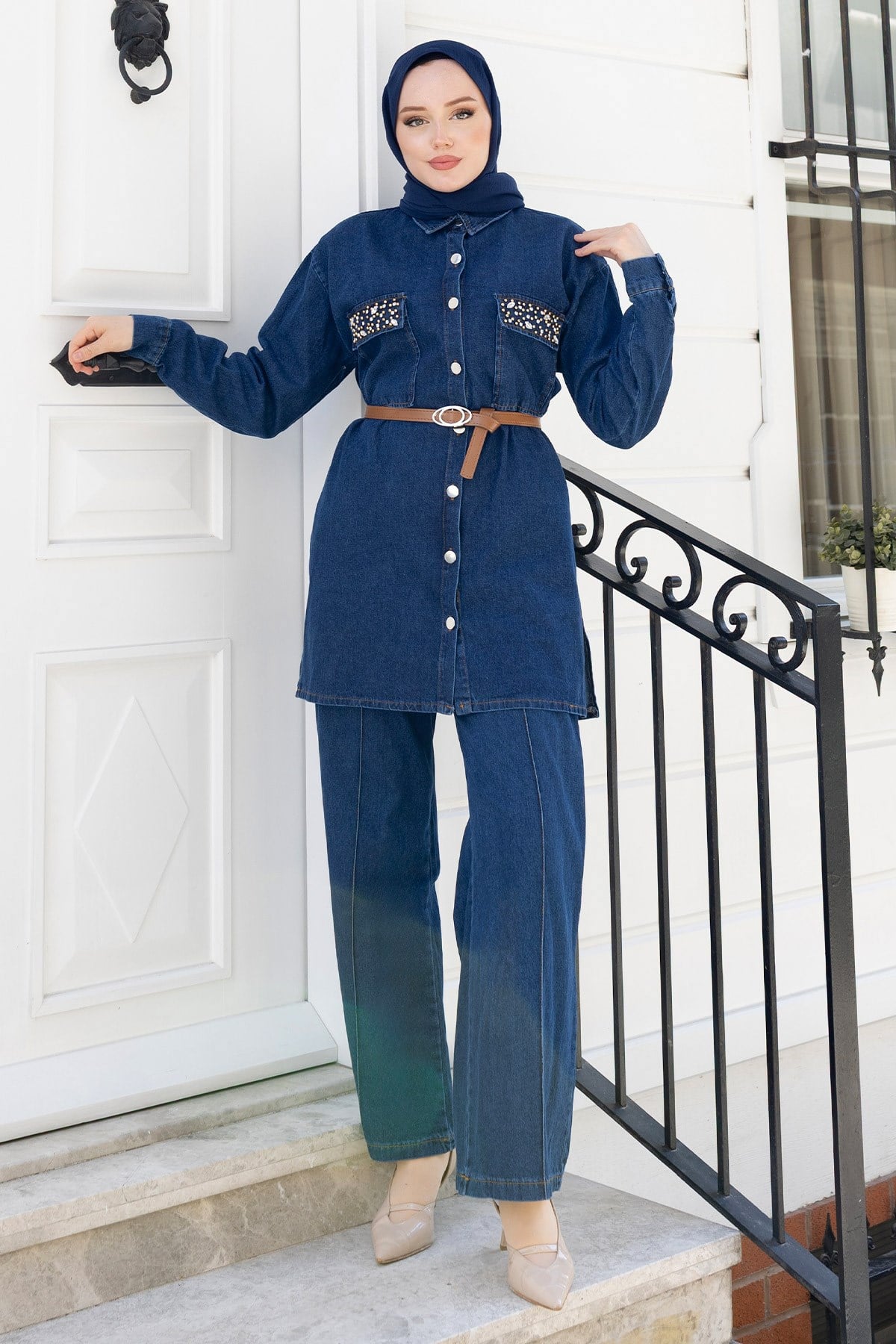 Taş Cepli Denim İkili Takım Koyu Mavi 6165