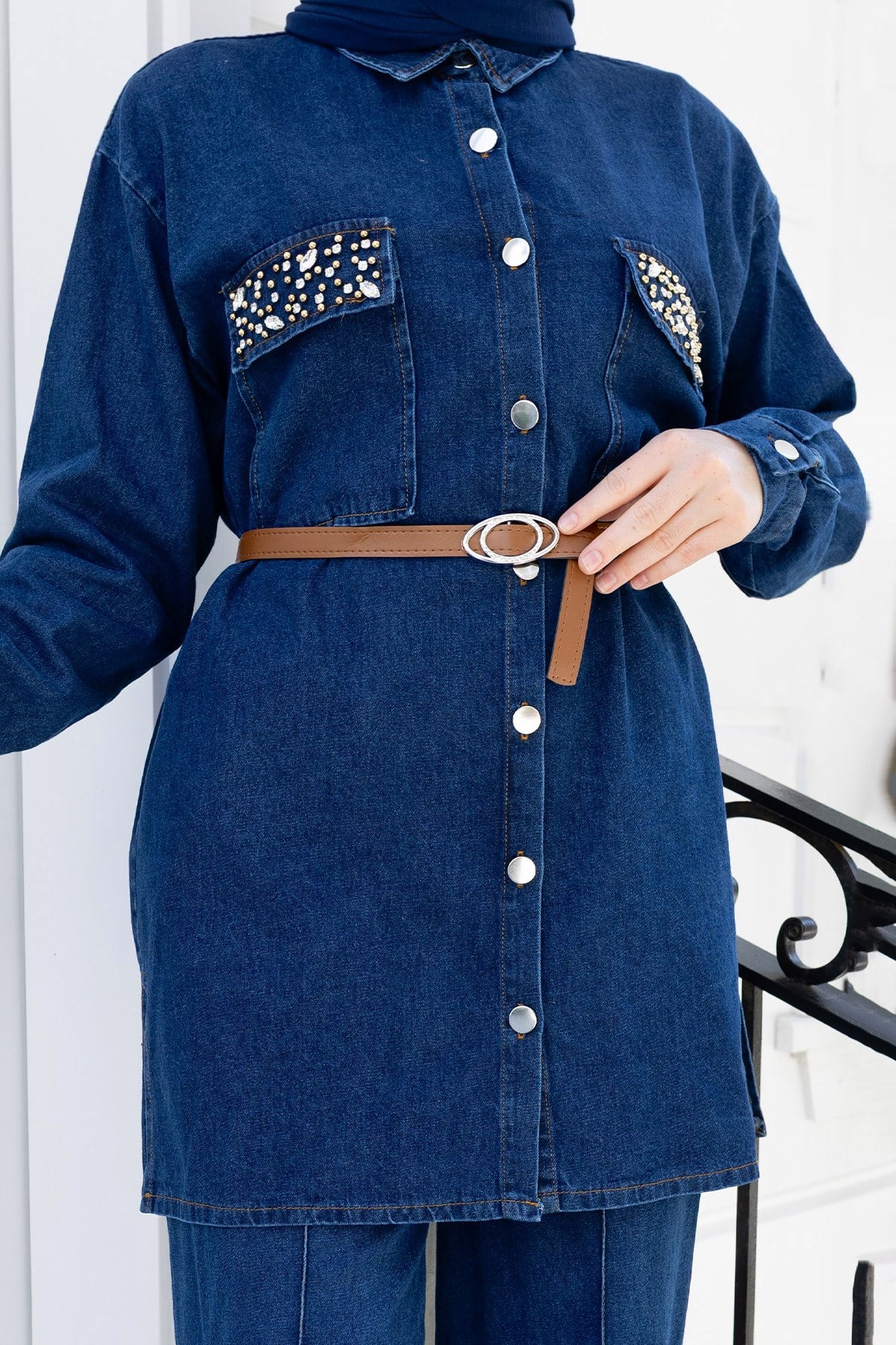 Taş Cepli Denim İkili Takım Koyu Mavi 6165