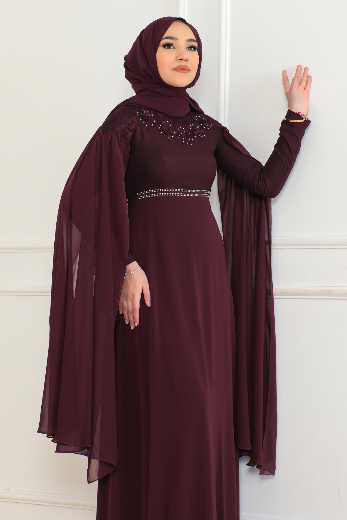 Taş Detaylı Abiye Mürdüm 6125