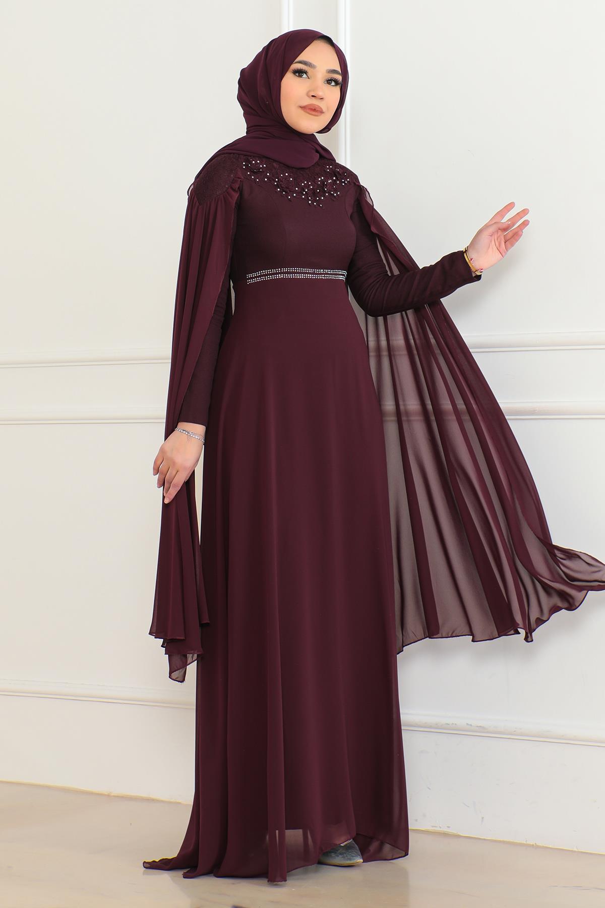 Taş Detaylı Abiye Mürdüm 6125