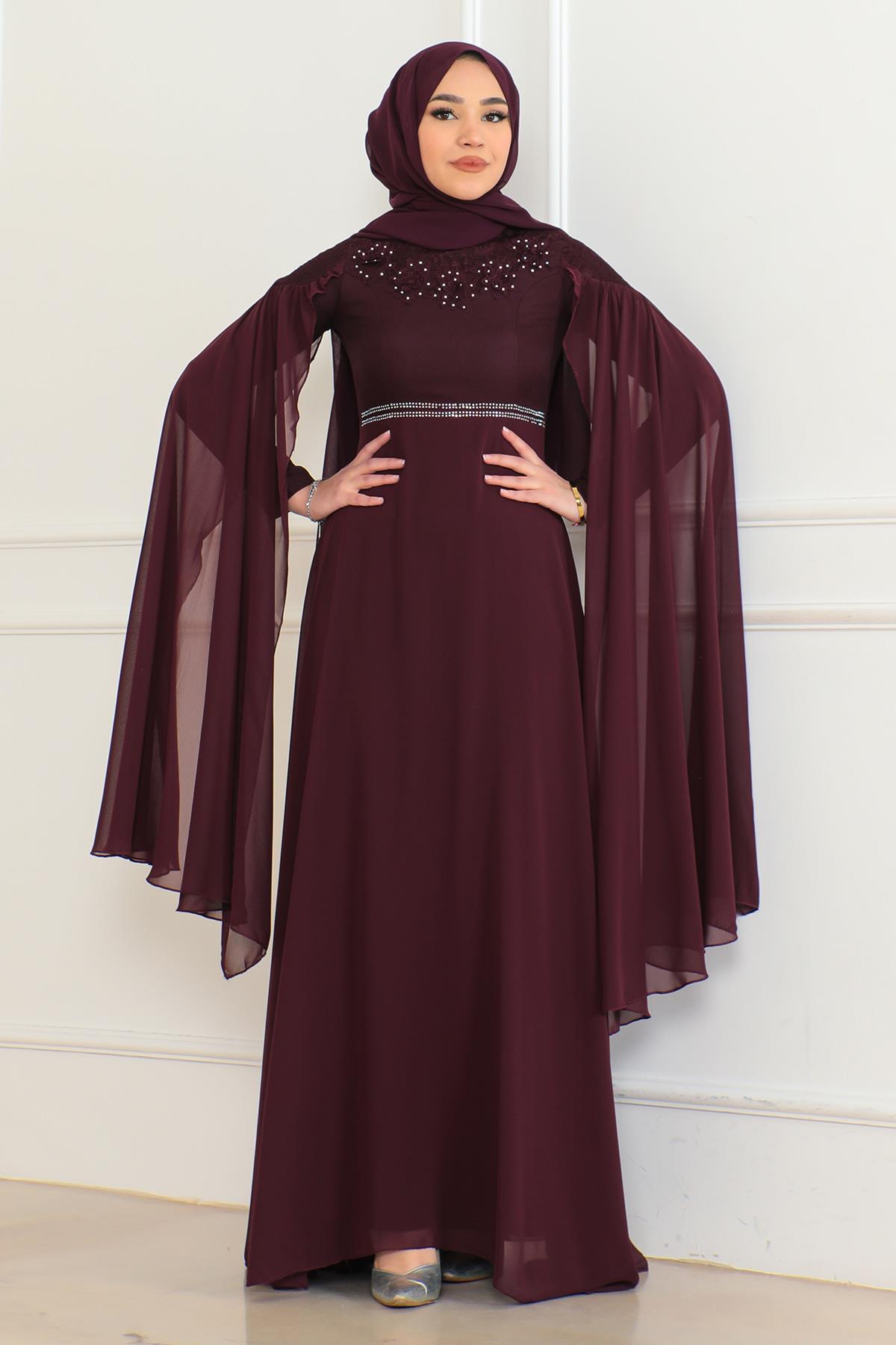 Taş Detaylı Abiye Mürdüm 6125