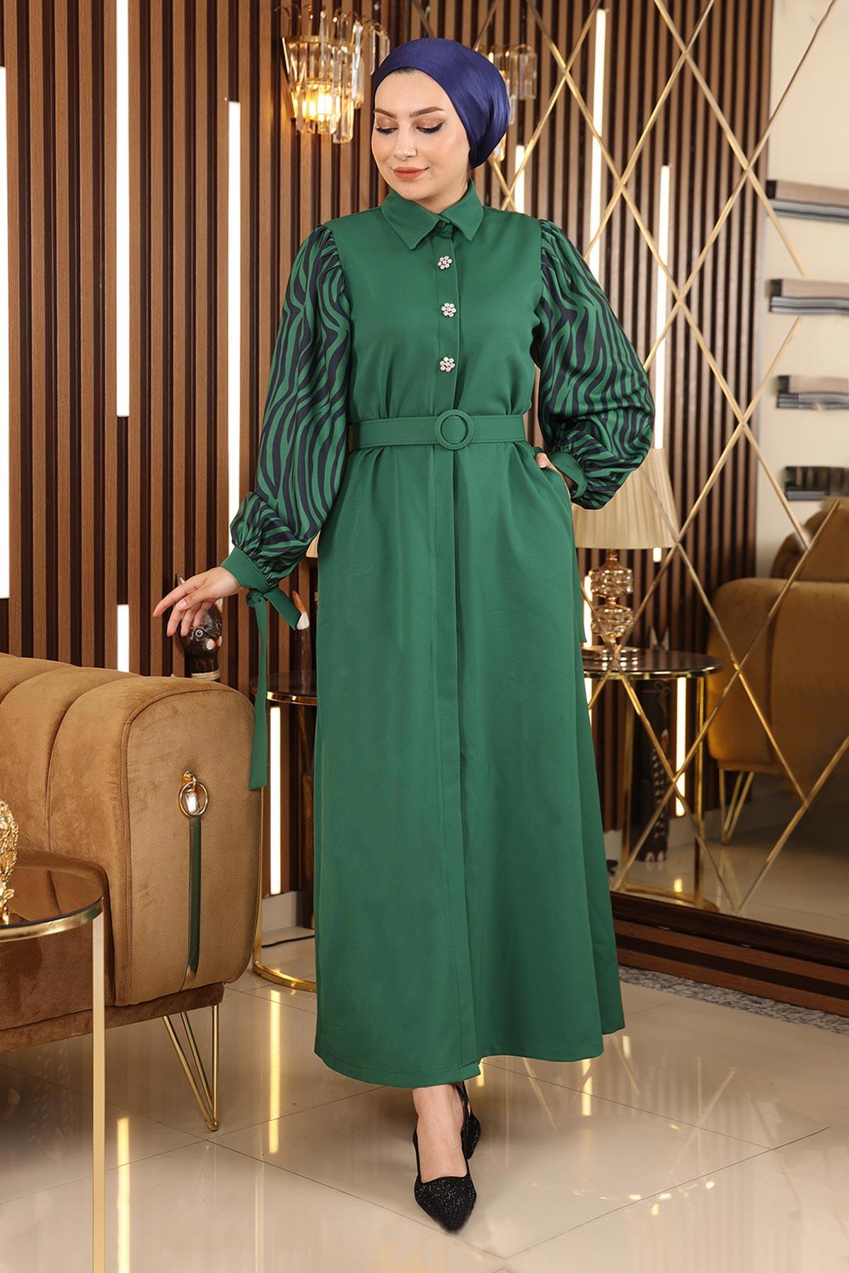 Taş Detaylı Desenli Ferace Zümrüt MSW19127