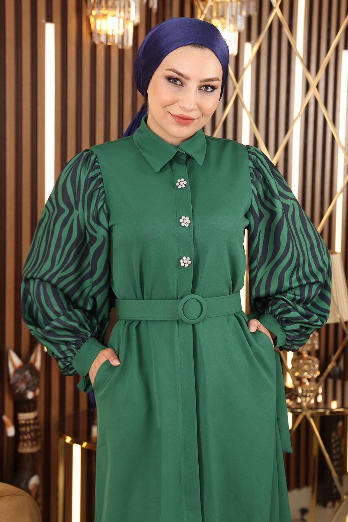 Taş Detaylı Desenli Ferace Zümrüt MSW19127