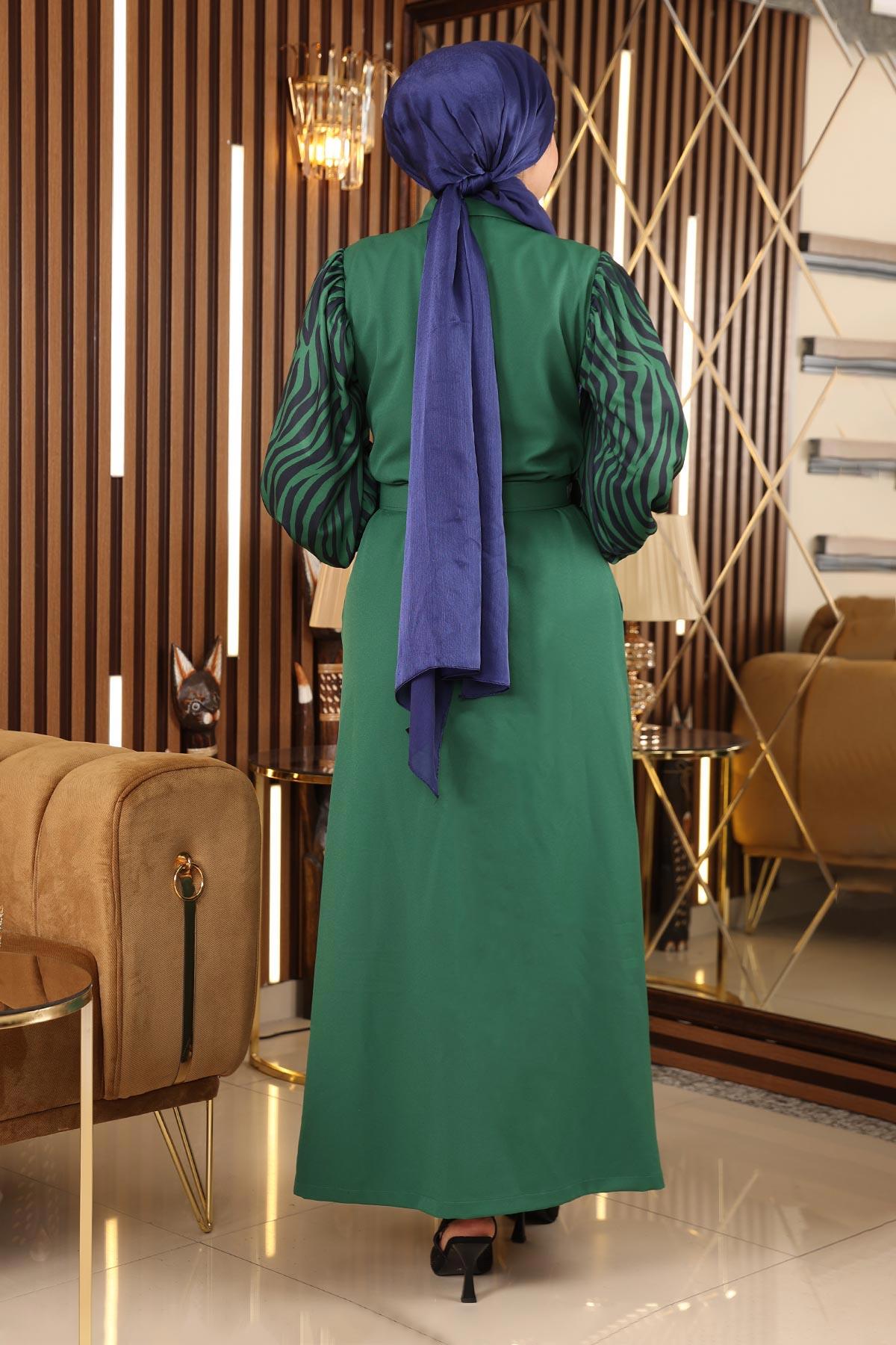 Taş Detaylı Desenli Ferace Zümrüt MSW19127