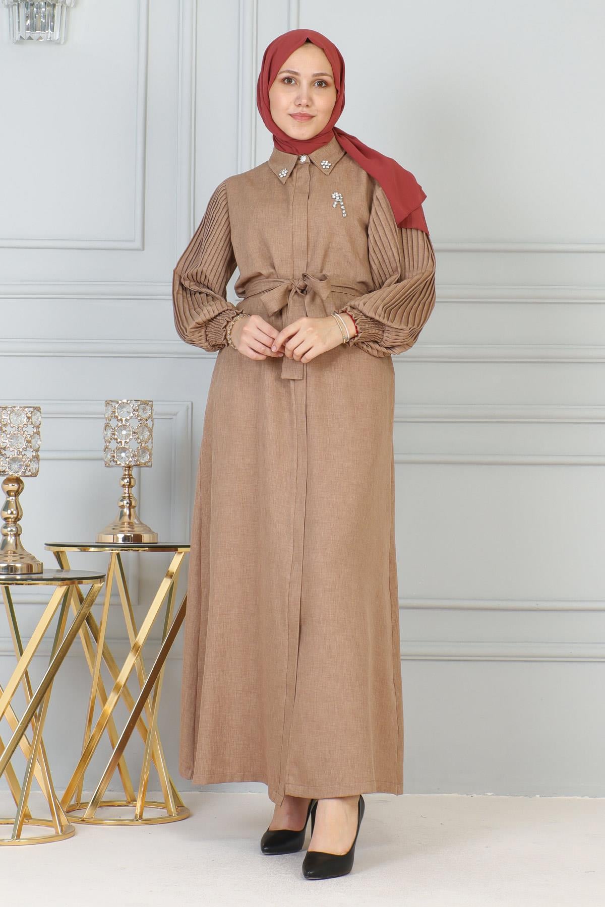 Taş Detaylı Düğmeli Ferace Taba 19208