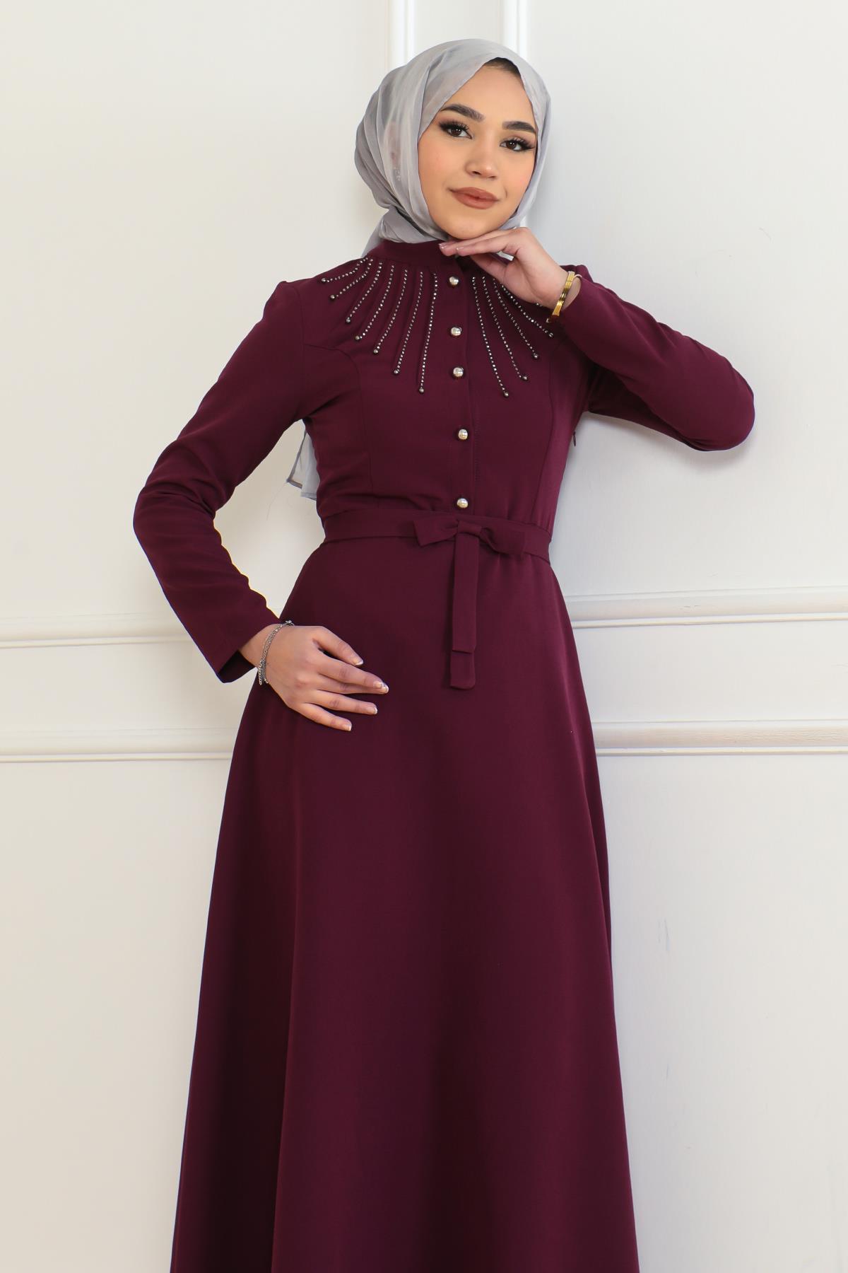Taş Detaylı Elbise Mürdüm 6133