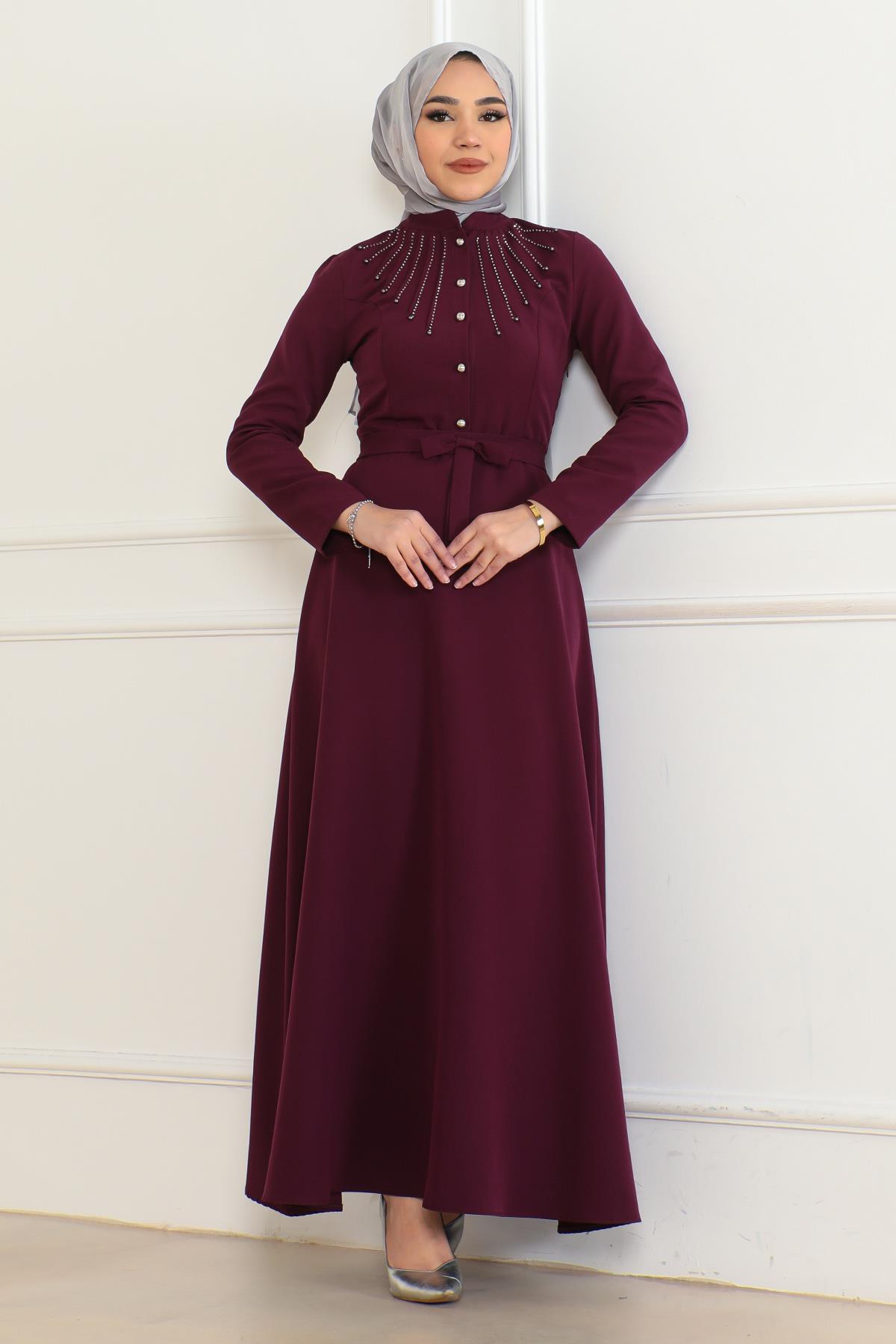 Taş Detaylı Elbise Mürdüm 6133