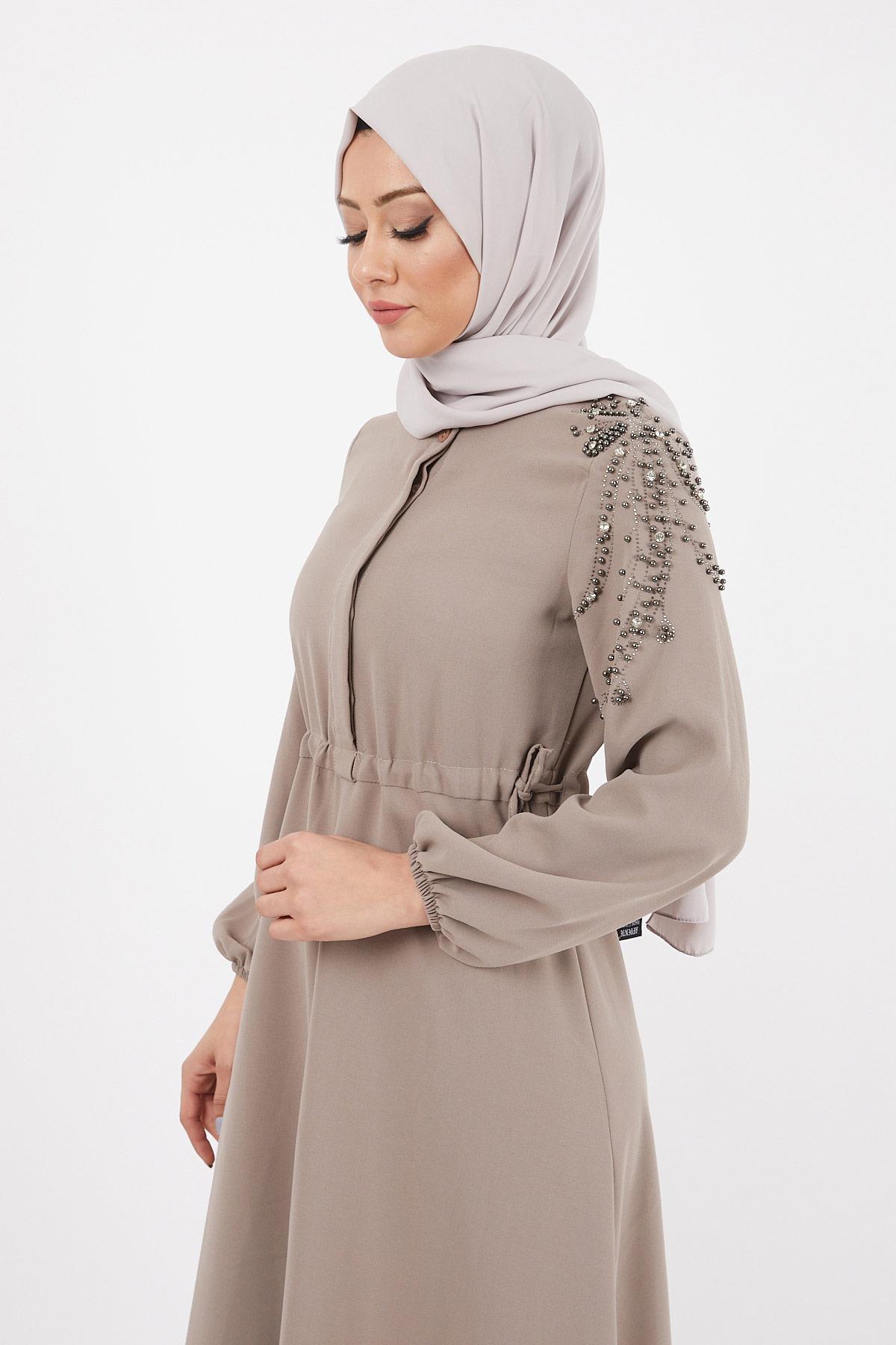 Taş Detaylı Elbise Vizon 12227