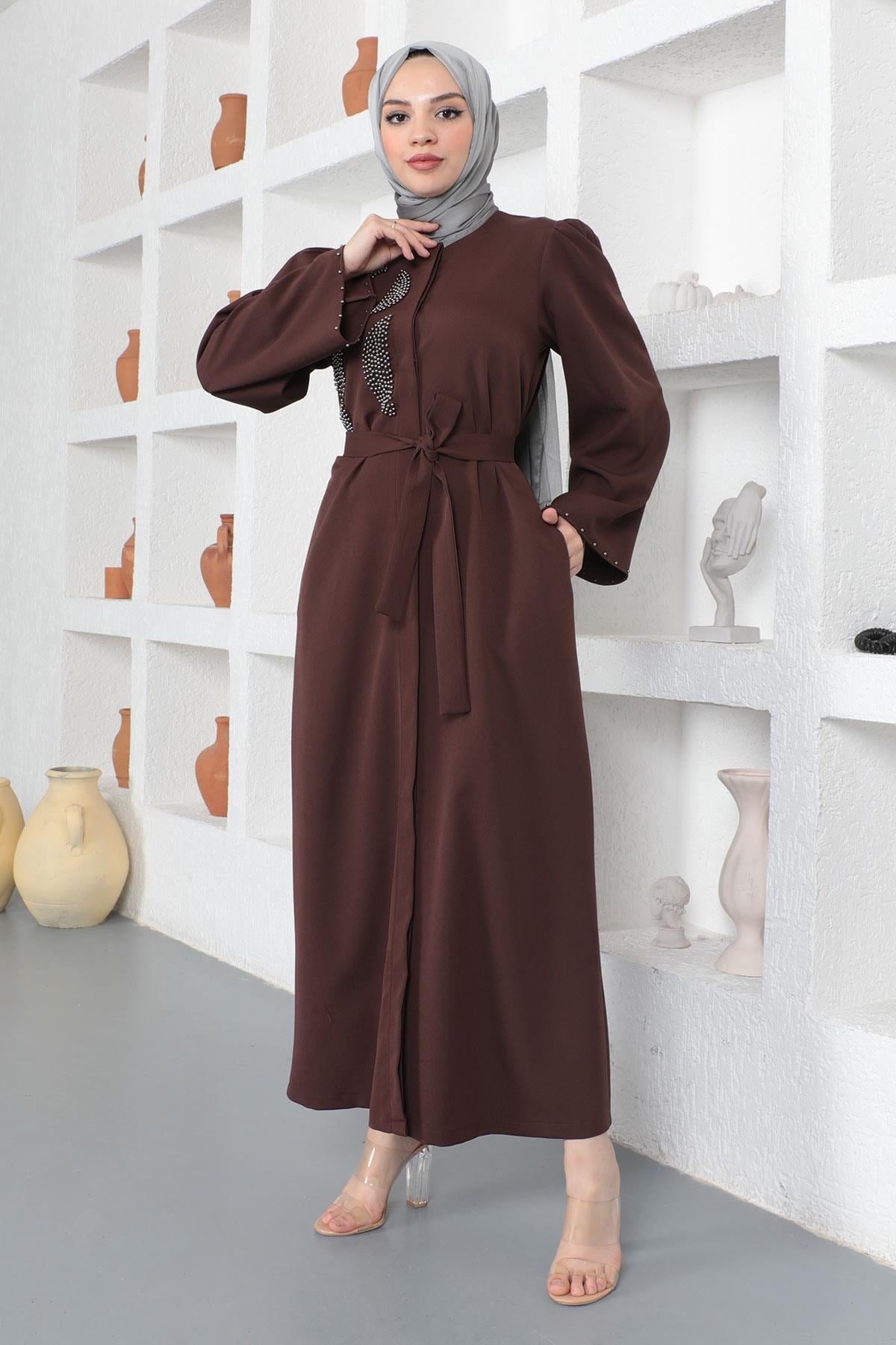 Taş Detaylı Ferace Kahverengi 19108