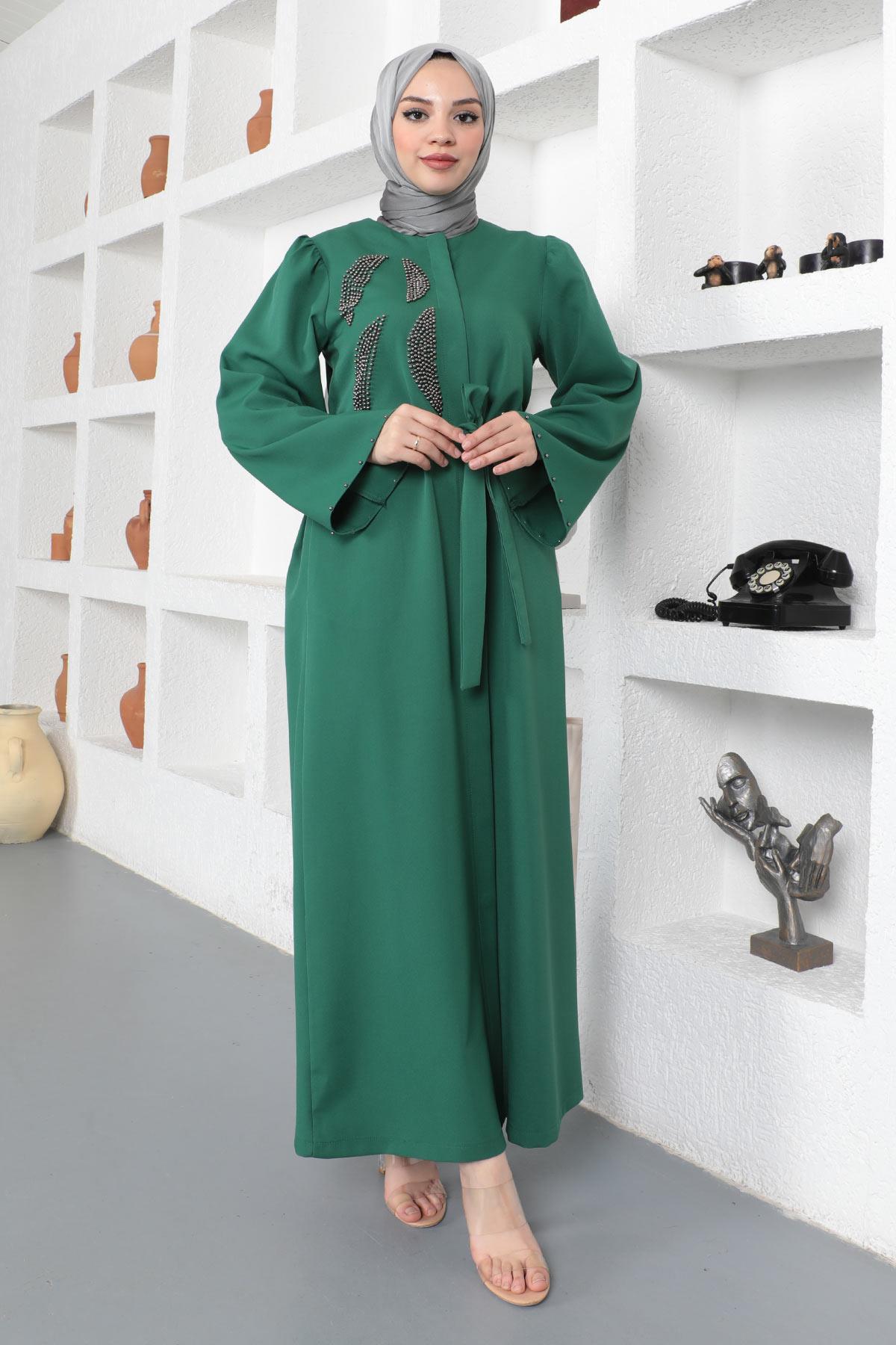 Taş Detaylı Ferace Zümrüt 19108