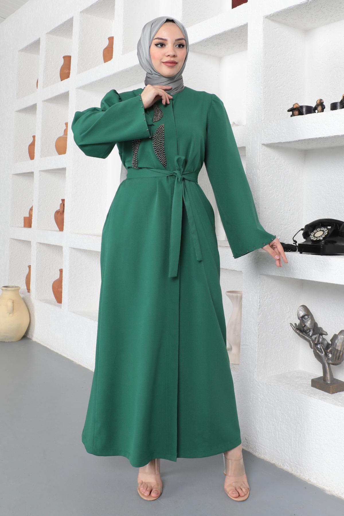 Taş Detaylı Ferace Zümrüt 19108