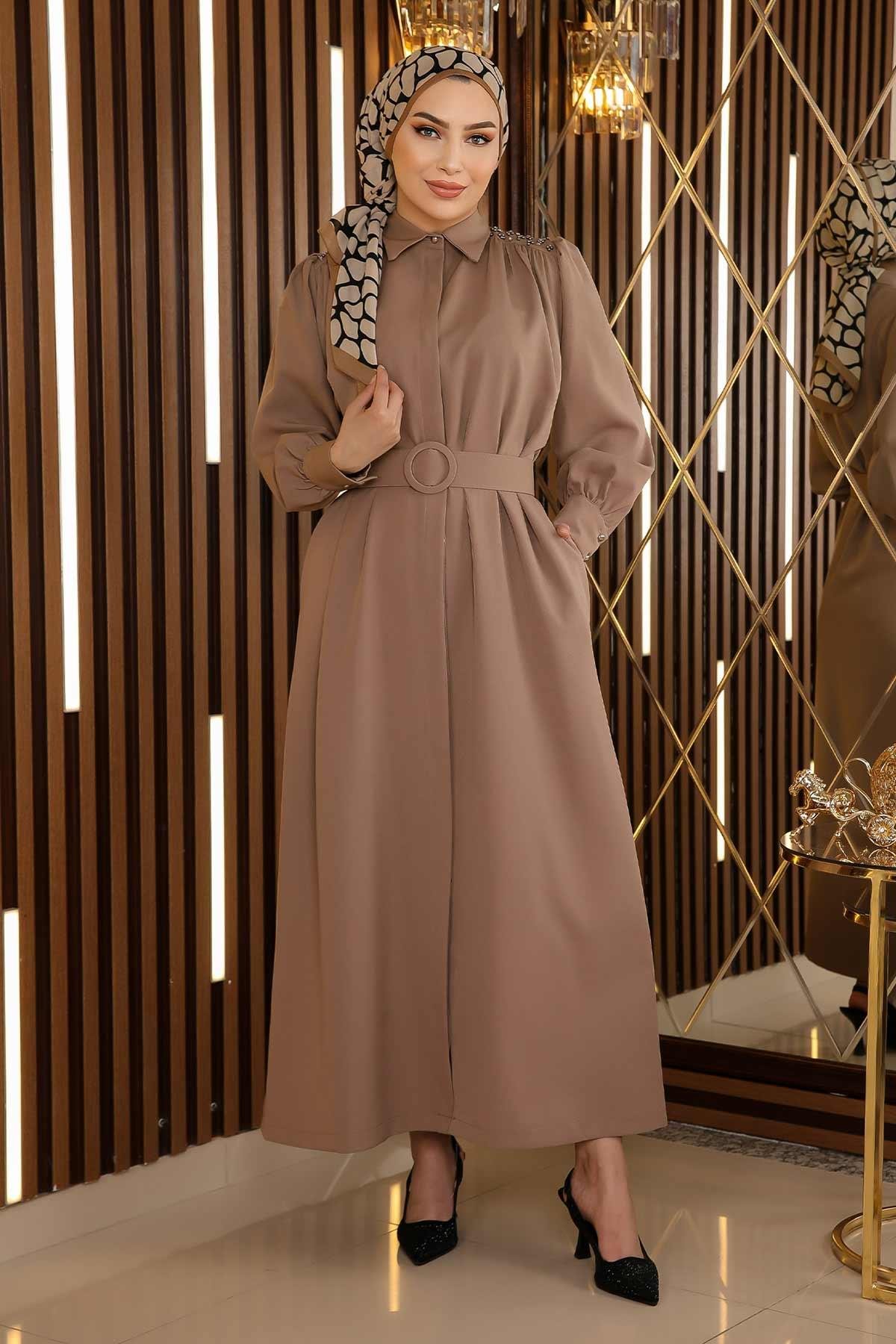 Taş Detaylı Kemerli Elbise Vizon 19115