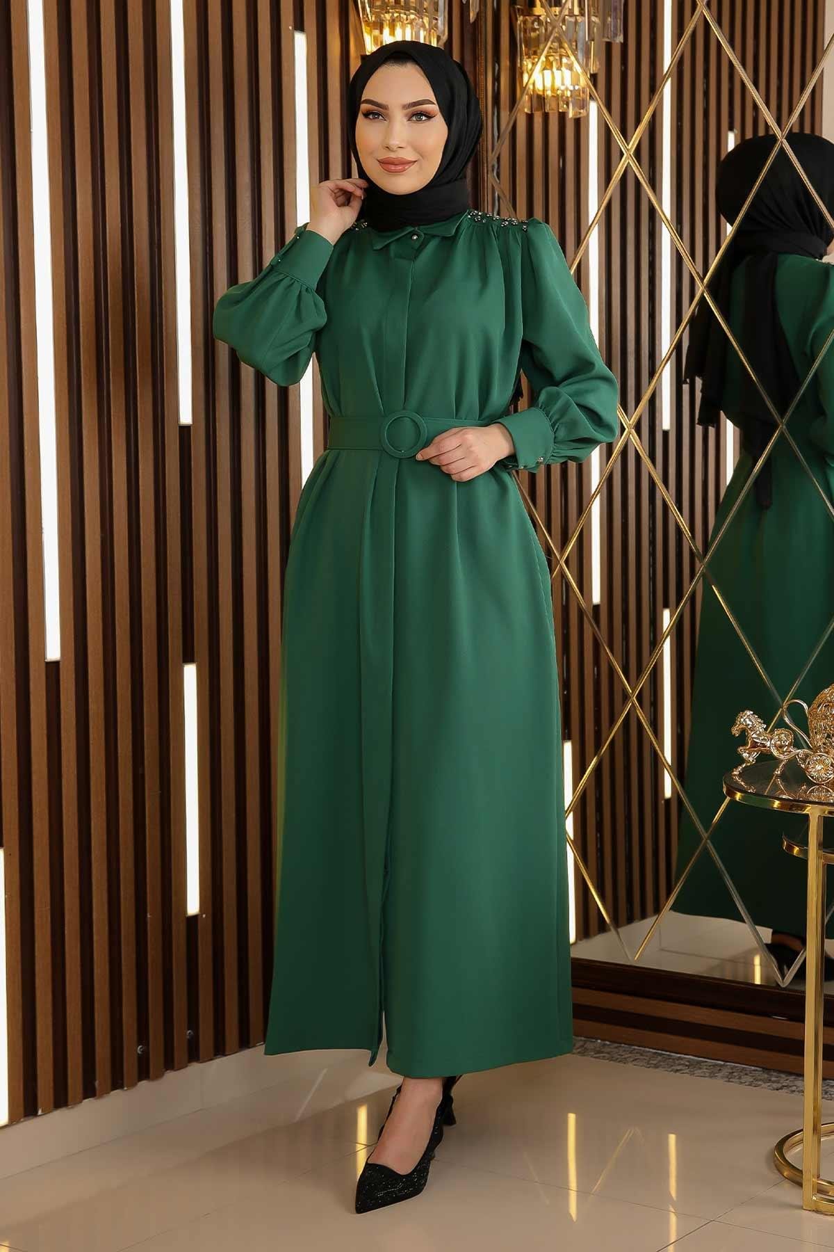 Taş Detaylı Kemerli Elbise Zümrüt 19115