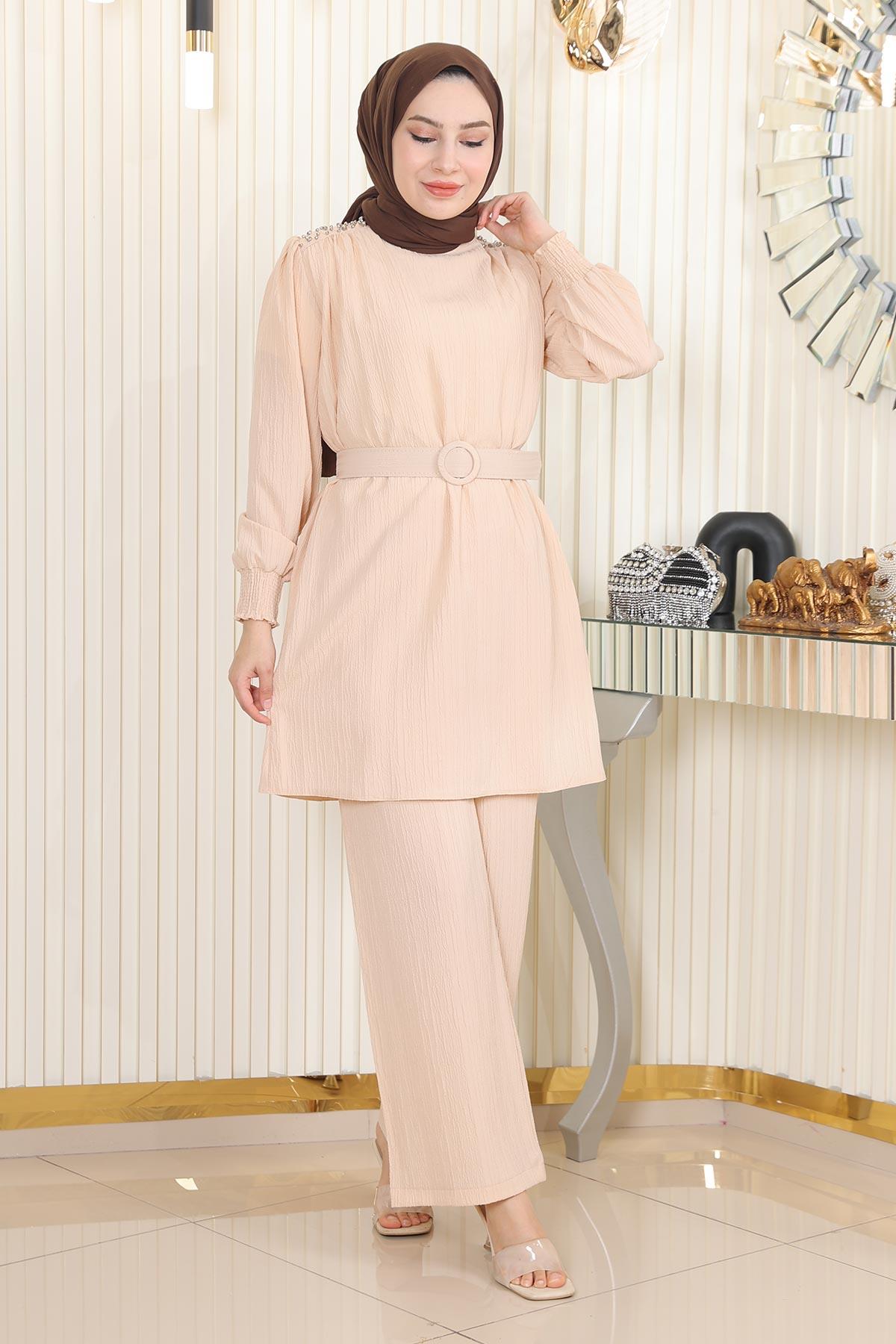 Taş Detaylı Kemerli Takım Bej Bej MSW19104-2