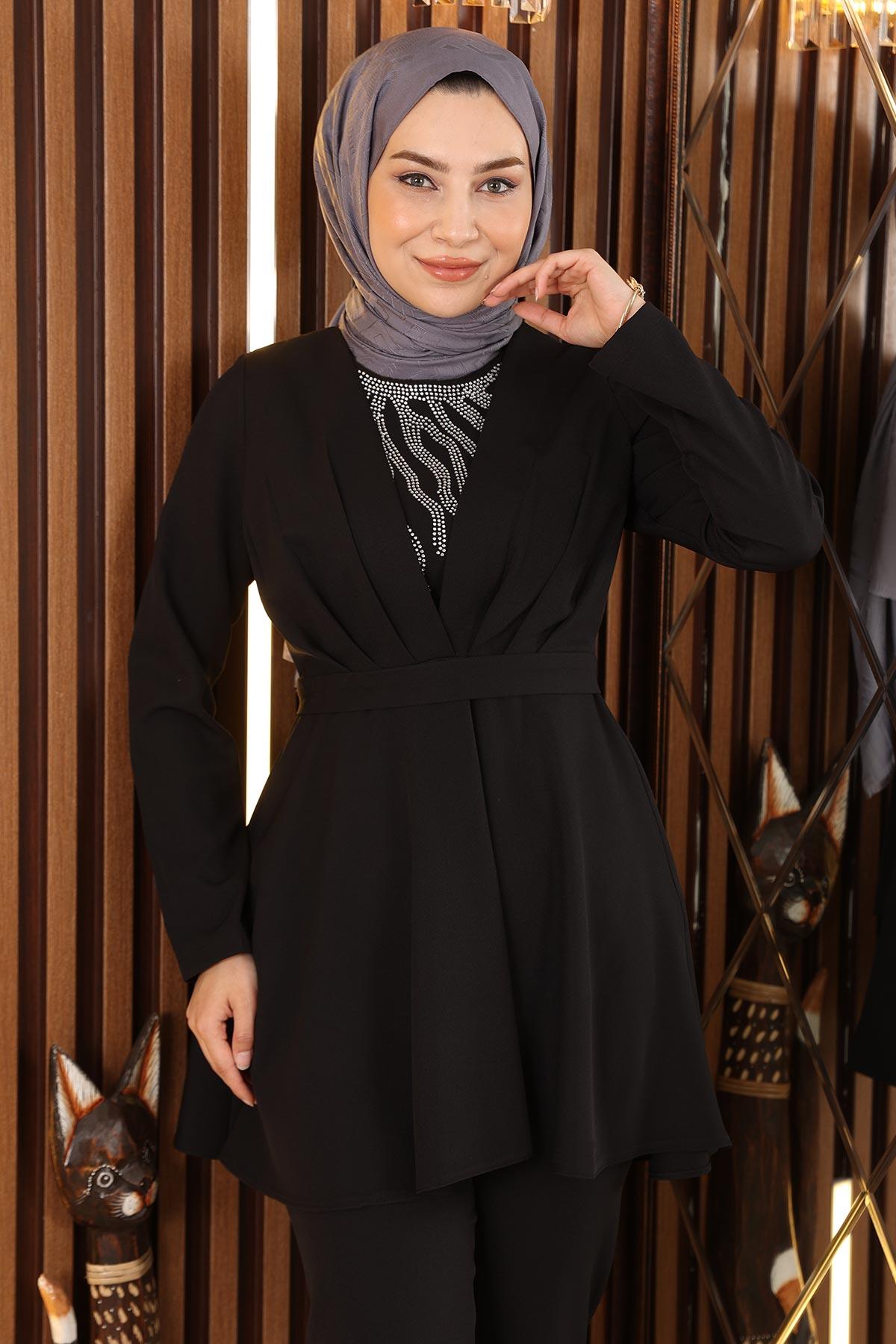 Taş Detaylı Kemerli Takım Siyah Siyah MSW19122-3