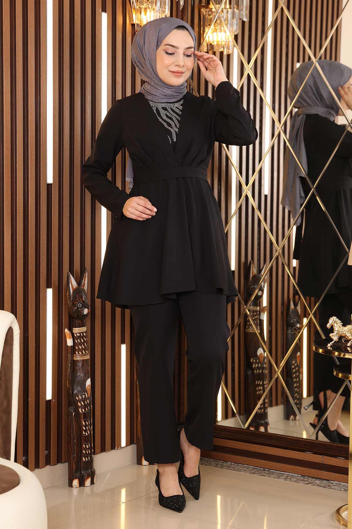 Taş Detaylı Kemerli Takım Siyah Siyah MSW19122-3