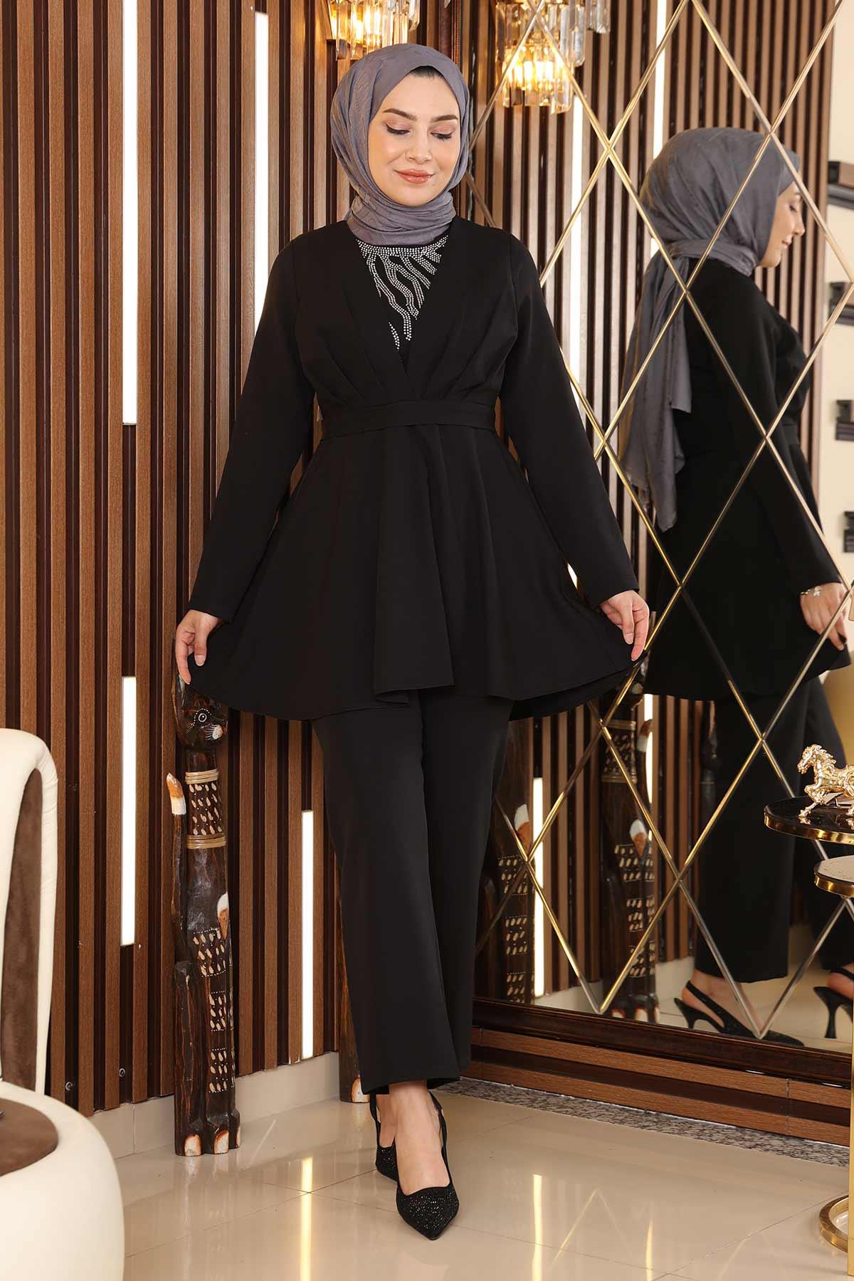 Taş Detaylı Kemerli Takım Siyah Siyah MSW19122-3