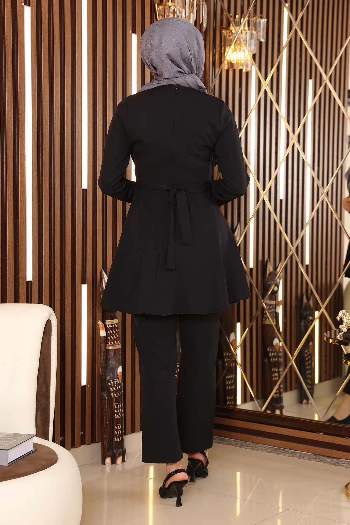 Taş Detaylı Kemerli Takım Siyah Siyah MSW19122-3