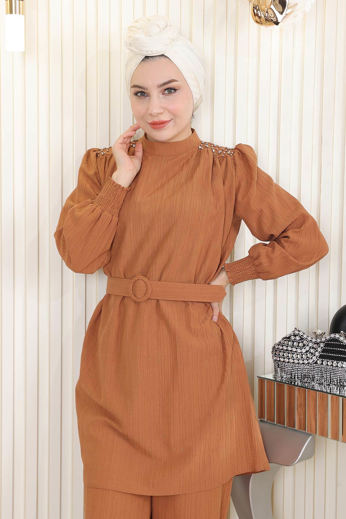 Taş Detaylı Kemerli Takım Taba Taba MSW19104-4