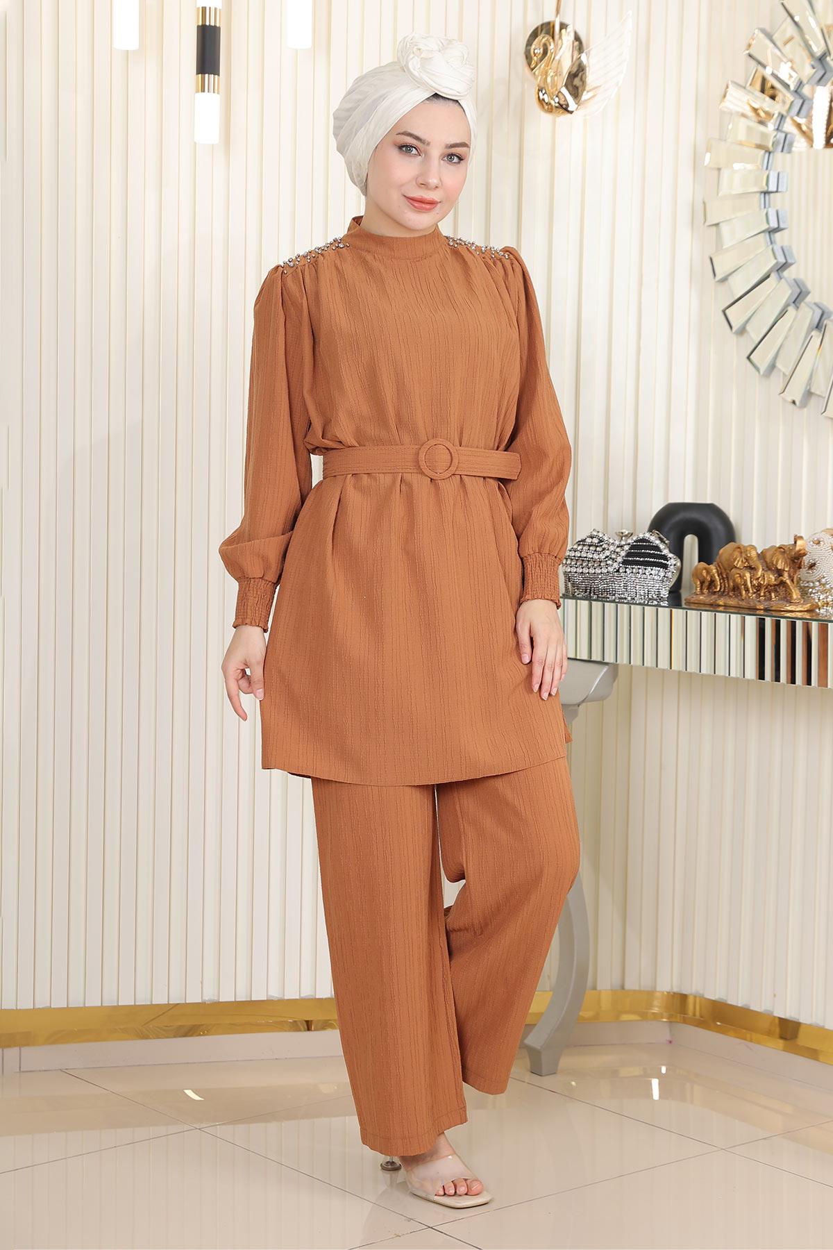 Taş Detaylı Kemerli Takım Taba Taba MSW19104-4