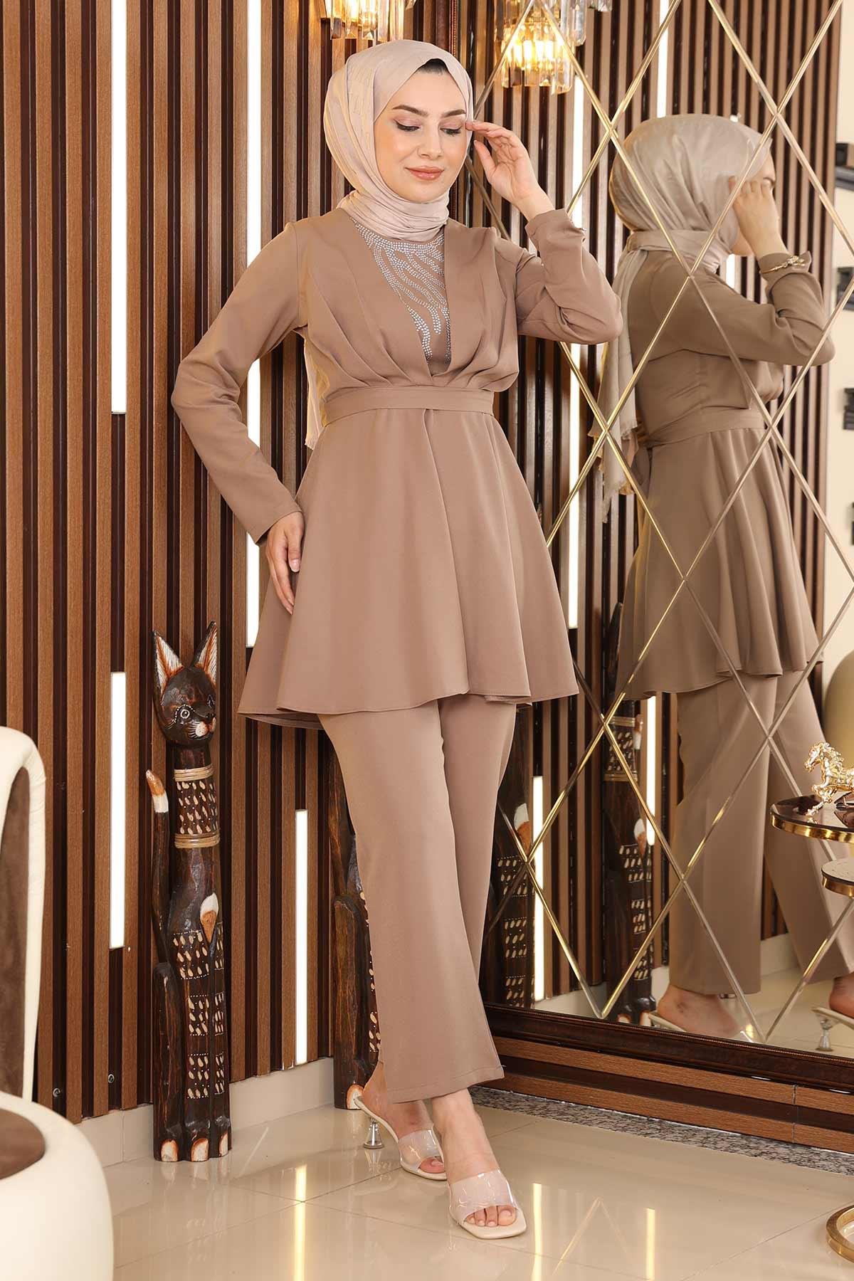 Taş Detaylı Kemerli Takım Vizon Vizon MSW19122-4