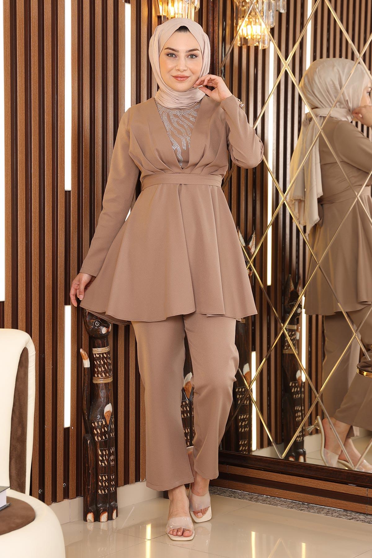 Taş Detaylı Kemerli Takım Vizon Vizon MSW19122-4