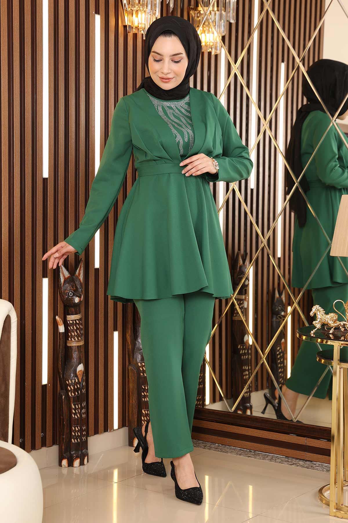 Taş Detaylı Kemerli Takım Zümrüt Zümrüt MSW19122-5