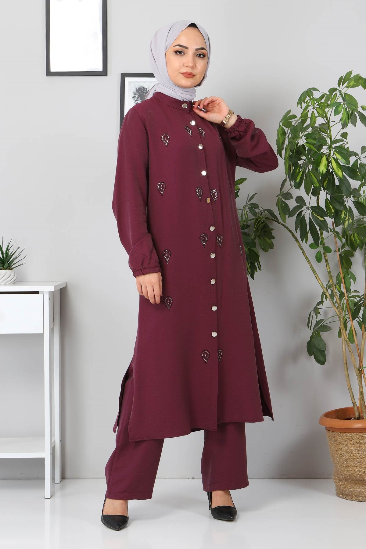 Taş Detaylı Kombin Mürdüm 10791