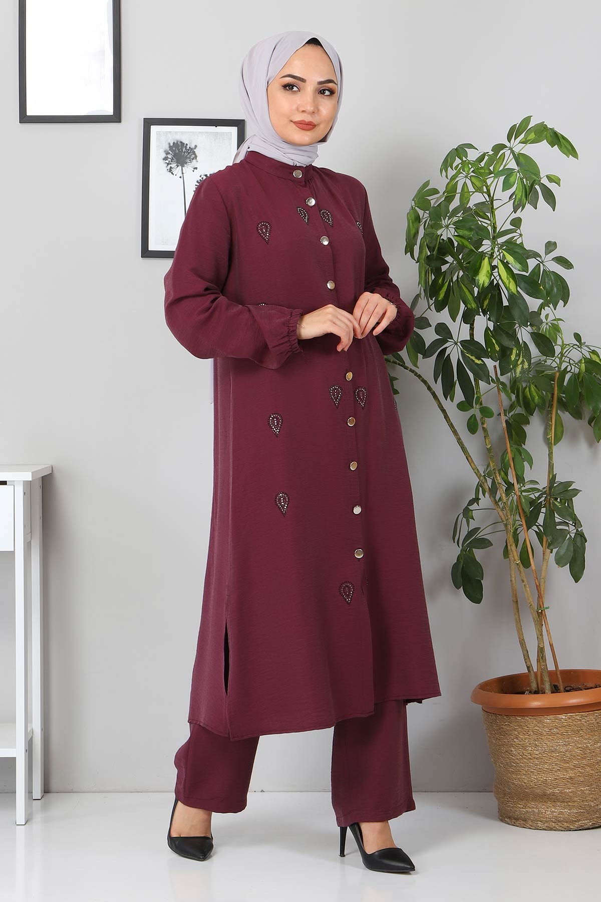 Taş Detaylı Kombin Mürdüm 10791