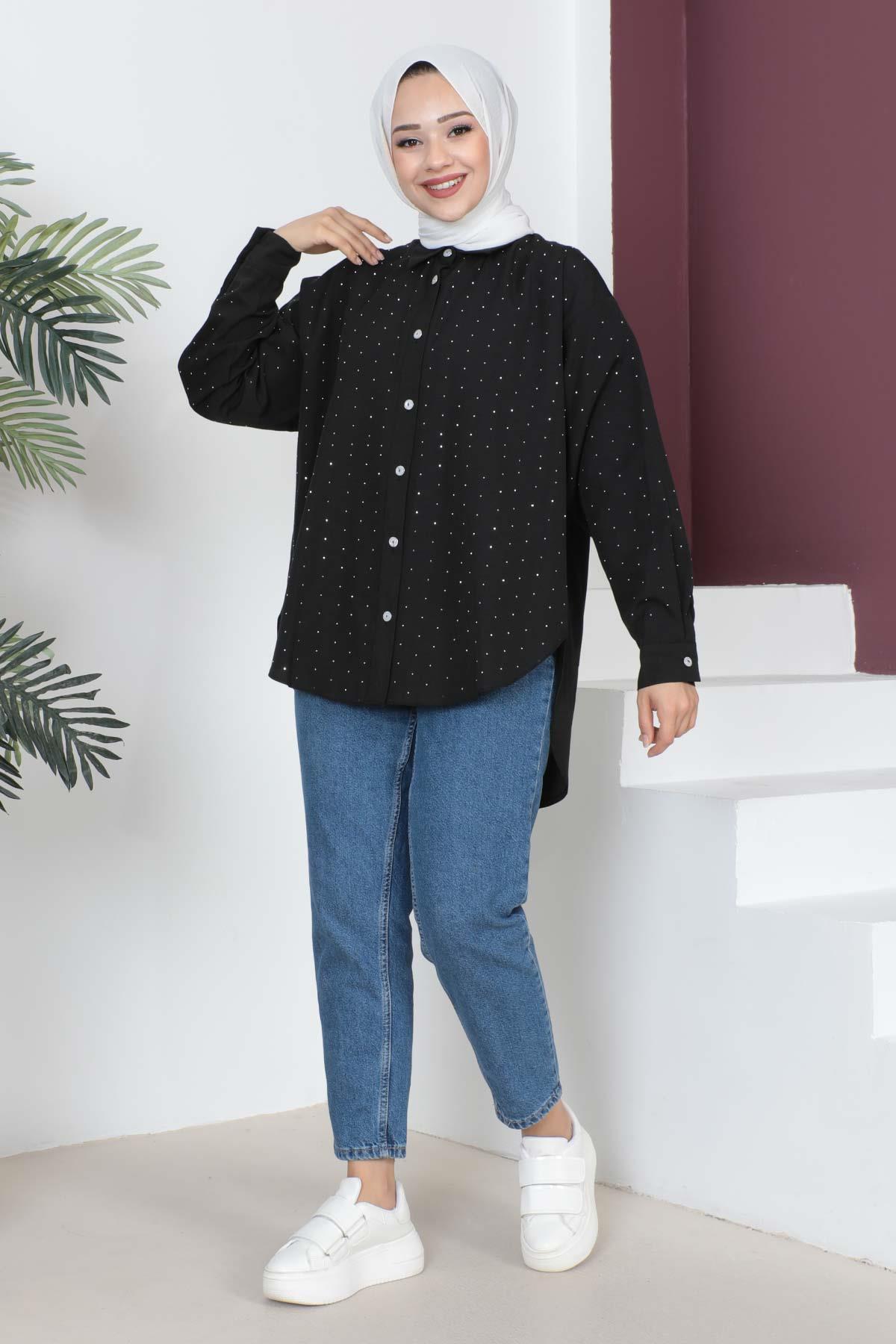Taş Detaylı Oversize Gömlek Siyah 6068