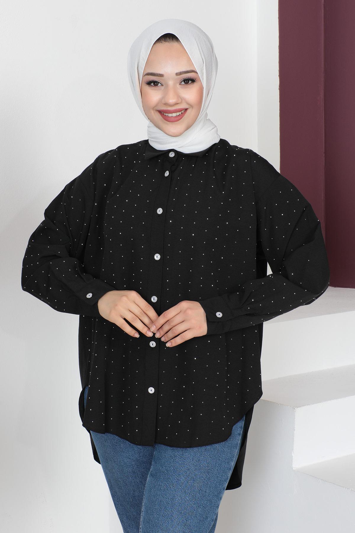 Taş Detaylı Oversize Gömlek Siyah 6068
