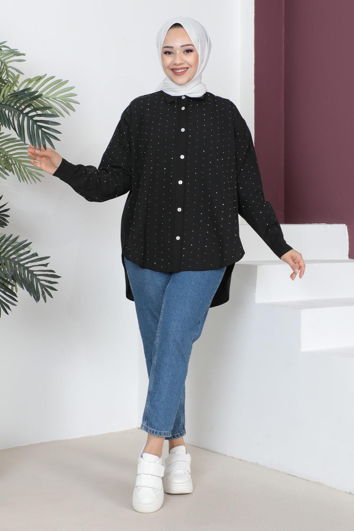 Taş Detaylı Oversize Gömlek Siyah 6068