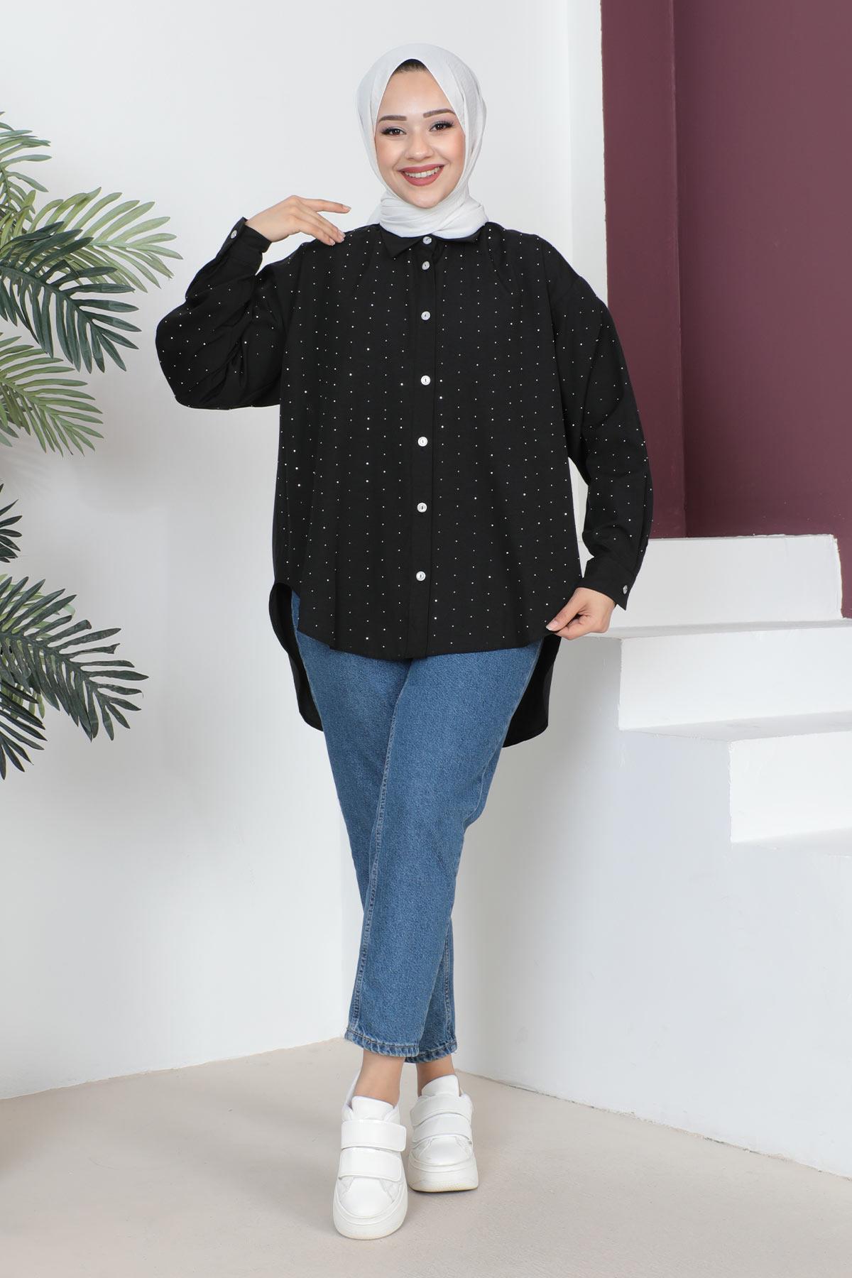 Taş Detaylı Oversize Gömlek Siyah 6068