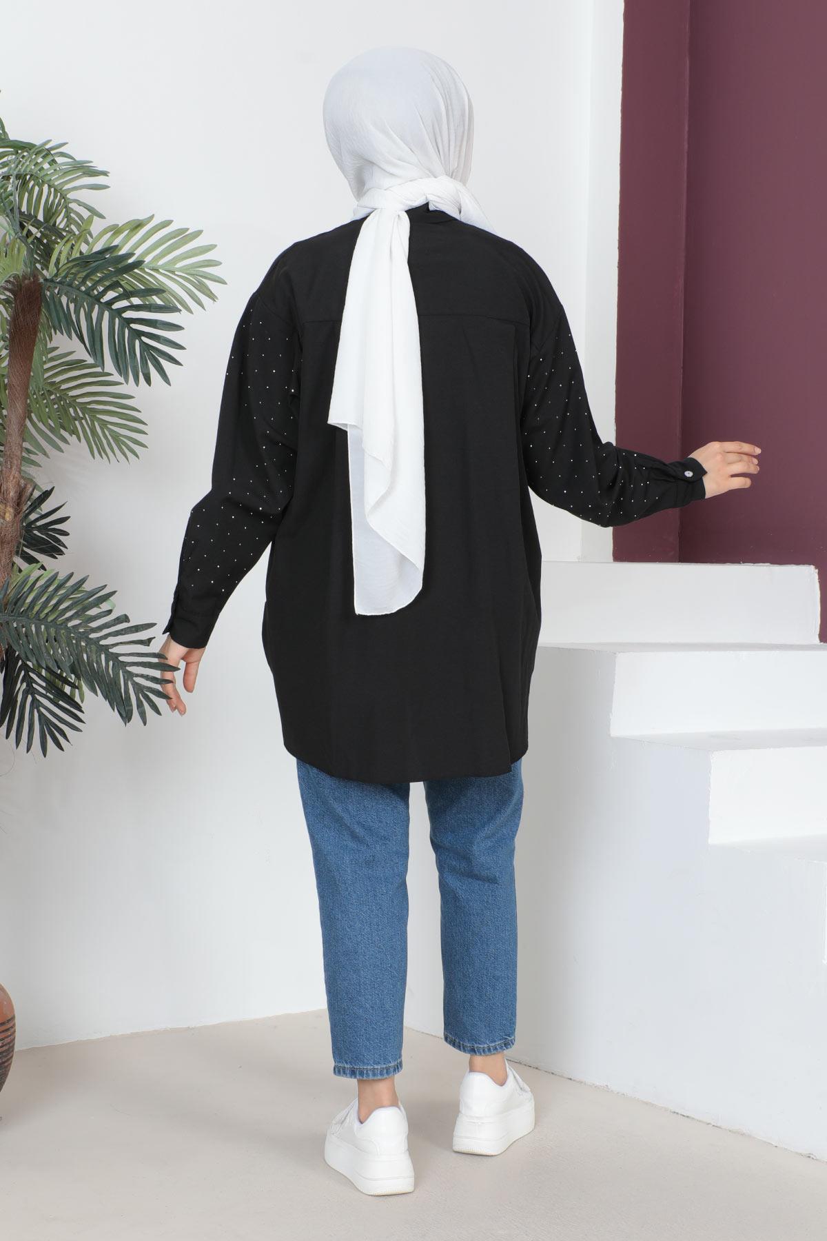 Taş Detaylı Oversize Gömlek Siyah 6068
