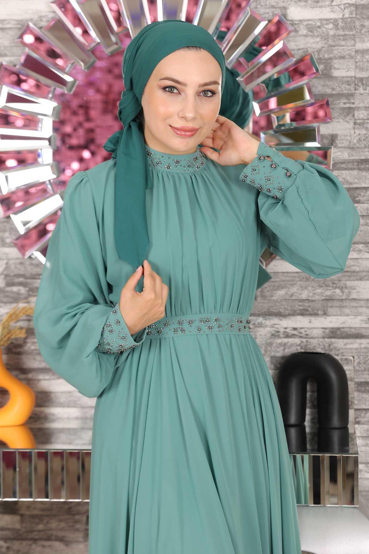 Taş Detaylı Şifon Abiye Mint 19109