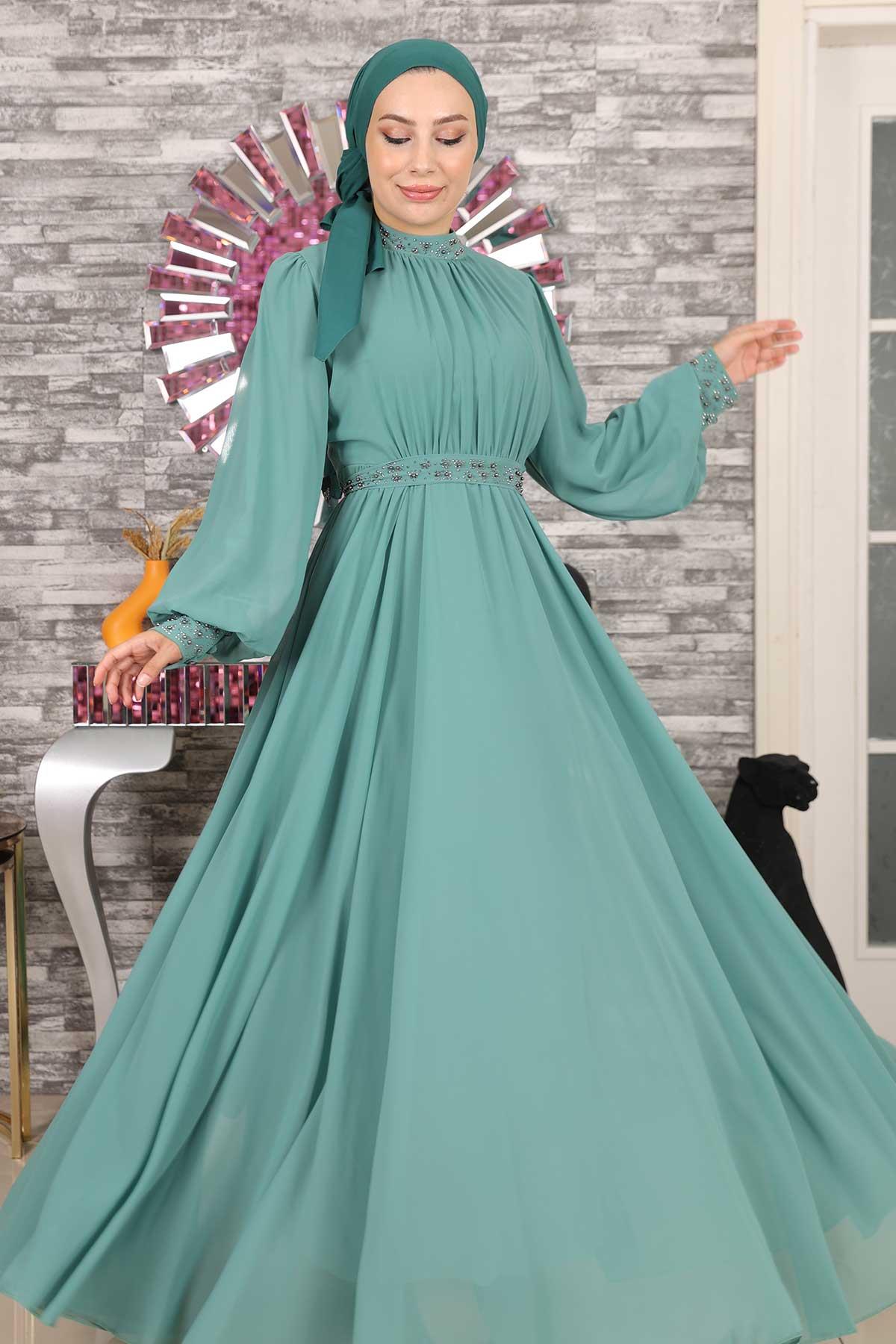 Taş Detaylı Şifon Abiye Mint 19109