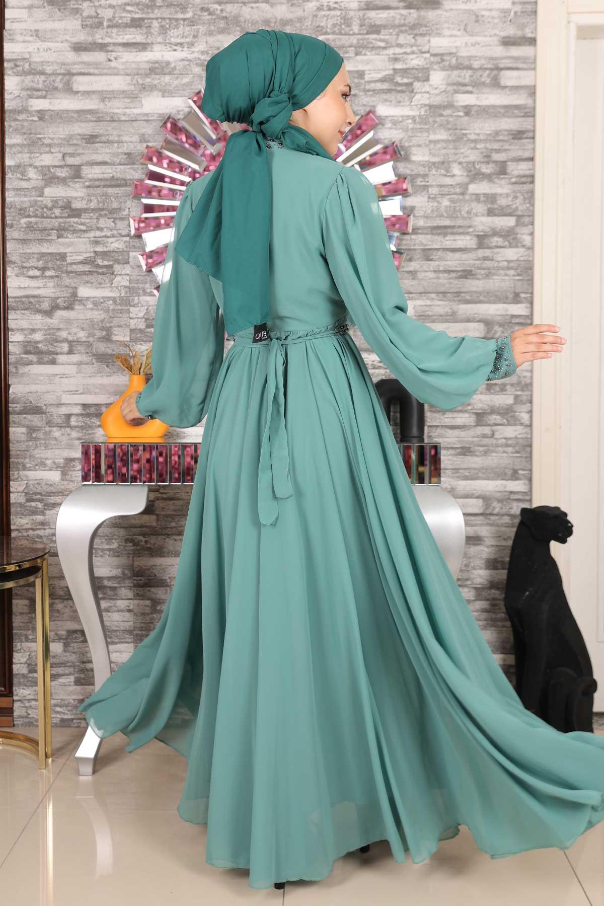 Taş Detaylı Şifon Abiye Mint 19109